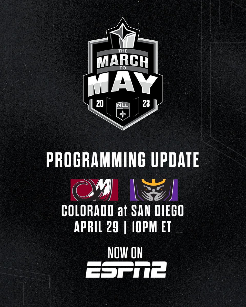 NLL (@nll) on Twitter photo ๐จProgramming Update๐จ
The <a href="/MammothLax/">Colorado Mammoth</a> vs. <a href="/SealsLax/">San Diego Seals</a> game tomorrow night will now air on ESPN2!
#TheMarchtoMay ๐จProgramming Update๐จ
The <a href="/MammothLax/">Colorado Mammoth</a> vs. <a href="/SealsLax/">San Diego Seals</a> game tomorrow night will now air on ESPN2!
#TheMarchtoMay
