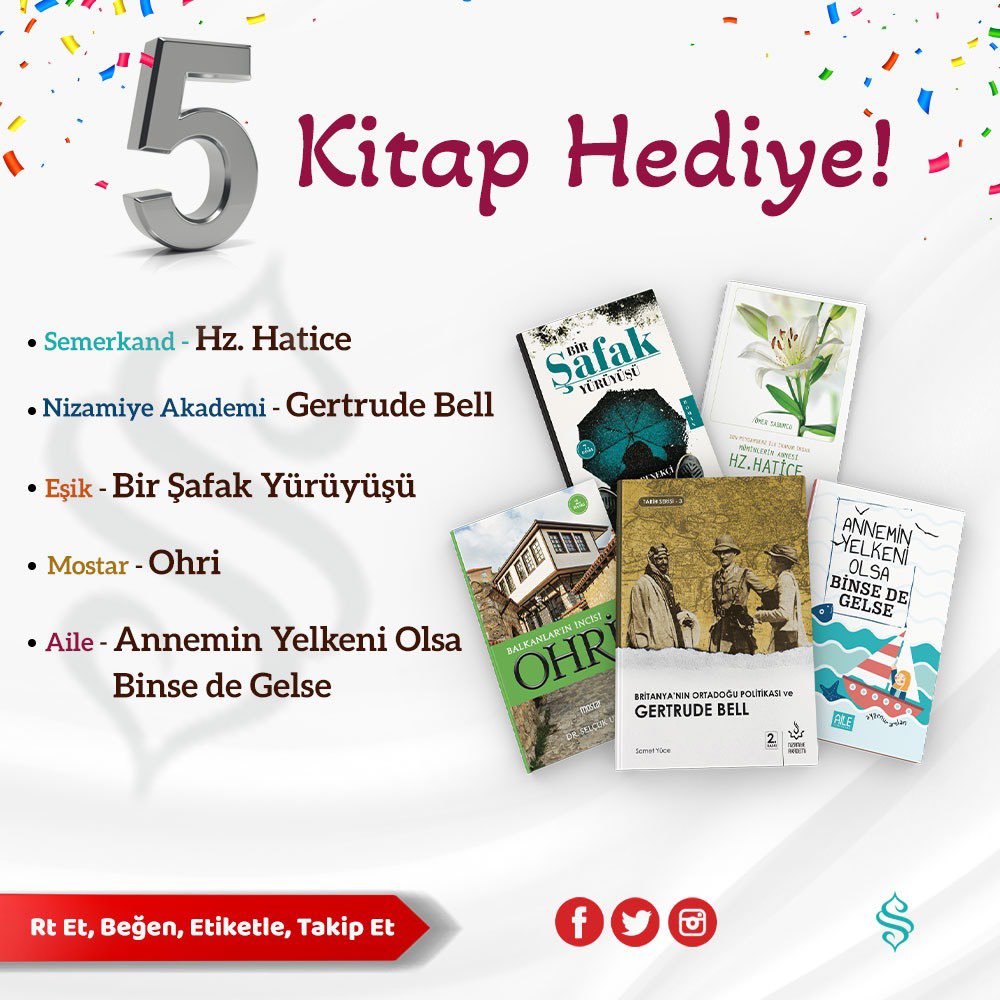 semerkandyayin's tweet photo. 🎁 HEDİYE ZAMANI
Her hafta cuma gününe özel gerçekleştirilecek kampanyamıza bugünden itibaren başlıyoruz.

3 kişiye; 2 Tarih, 1 Roman, 1 Mizah ve 1 Asr-ı Saâdet kitabından oluşan set hediye ediyoruz.

Yapmanız gerekenler çok kolay:
✔ Profilimizi ve @mostaryayinlari hesabını takip etmek,
✔ Bu paylaşımı beğenip retweetlemek,
✔ 3 arkadaşınızı yoruma etiketlemek.

📌 Sonuçlar 2 Mayıs Salı günü açıklanacaktır...

#hediye #kitap