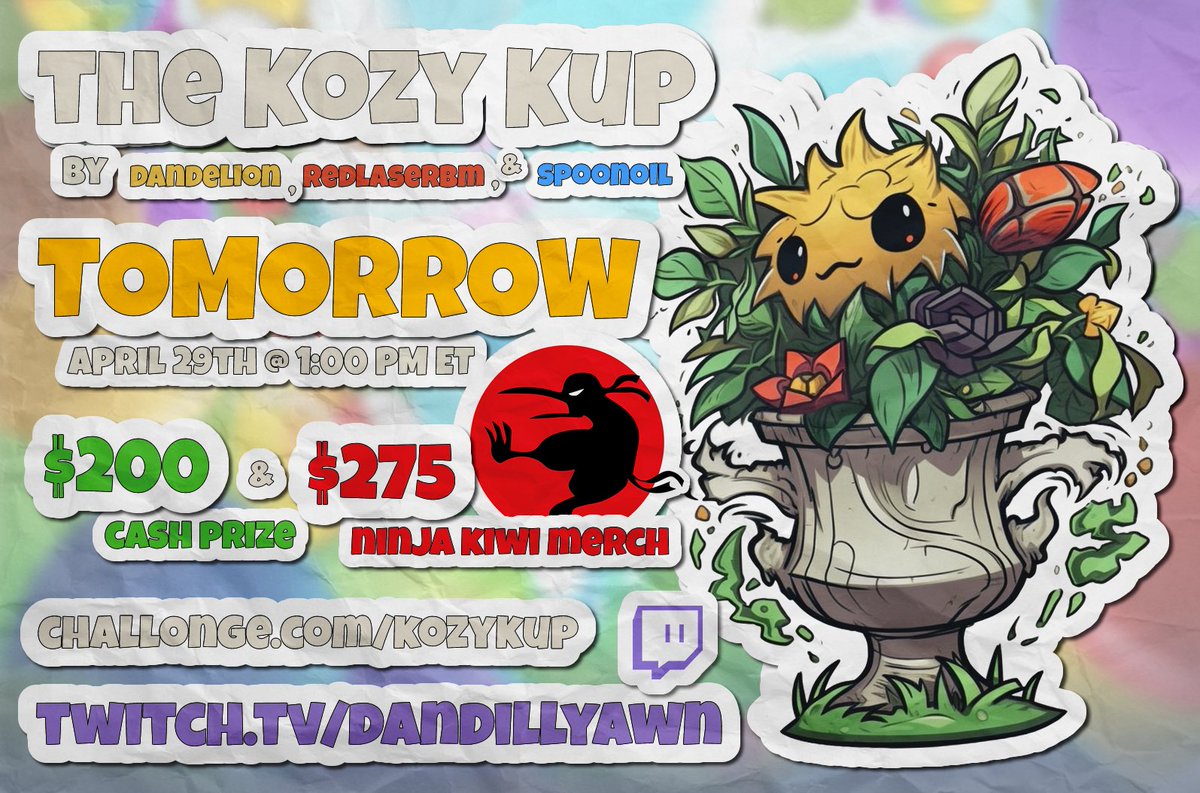 LAST day to enter the 🏆 Kozy Kup 🏆 Start of Season 12,🎈 Bloons TD Battles 2 Tournament starting 📆 TOMORROW! @btdbattles2 $200 💵 Cash Prize & $275 🪙 @ninjakiwigames Merch Store Credits! April 29th @ 1:00 (ET) Sign-ups: challonge.com/kozykup twitch.tv/dandillyawn