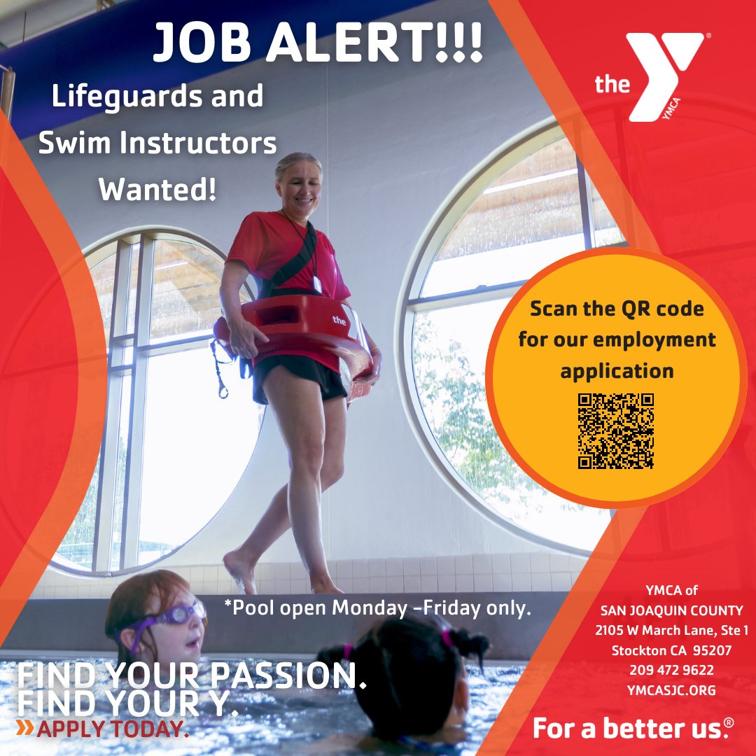 Find your passion, Find your Y! Join the YMCA this summer as a Lifeguard or Swim Instructor. Email yaquatics@ymcasjc.org or fill out an application to get started!

#jobalert  #stockton209 #ymcasjc #summerjob #lifeguards #swiminstructor #summerfun #FYY #ForABetterUs