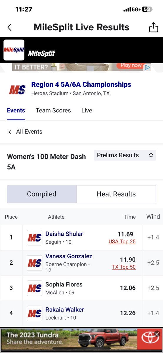 Seguin_Track's tweet photo. Seguin Track Daisha Shular qualifying to FINALS &amp; Breaking The Regional Meet Record set in 2004 in the 100 with a time of 11.69! 
@SeguinHSTx @SeguinAthletics @SeguinSportsBC @SeguinISD @seguingazette @kwed @CoachLAlmaraz @clifford_crews @_tiyannaaa https://t.co/z74BEh6iwr