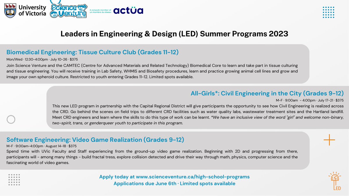 Are you in high school? Are you looking for unique, STEM-related experiences this summer? Look no further than our LED programs. This is what we're offering this summer!