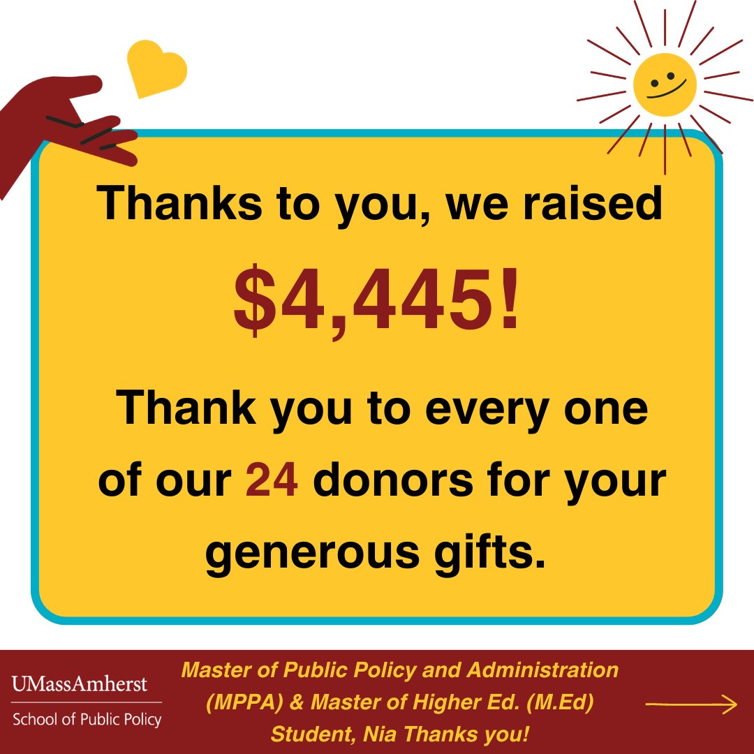 UMassPolicy's tweet photo. We are so thankful for the overwhelming support for UMass SPP students. ❤️
Thank you to our donors who raised $4,445 during UMassGives! This goes directly to SPP students, such as Nia, MPPA '23, to support their internship endeavors. 🌟
#givehappy #umassgives2023 #spppride https://t.co/zTlhTWmRrh