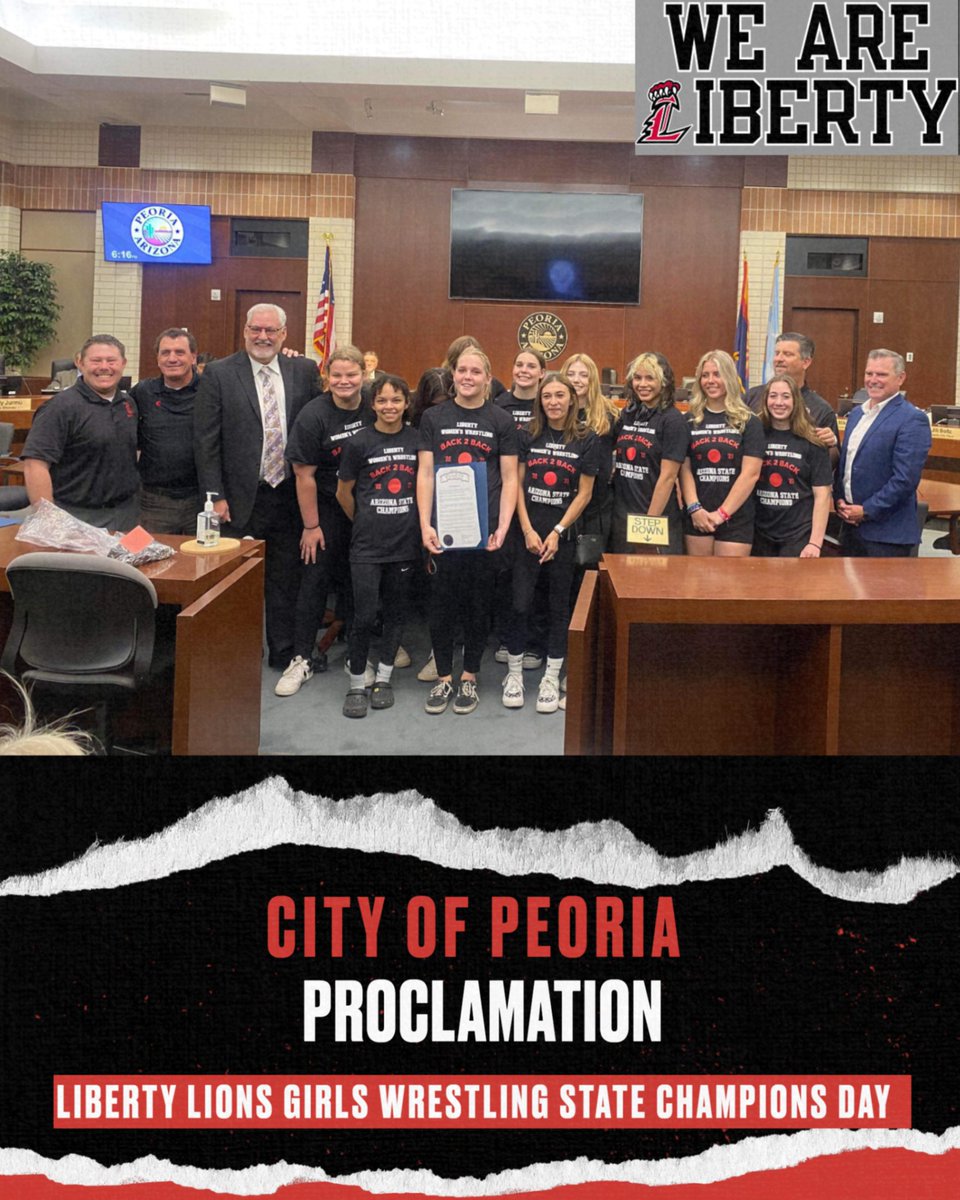 Thank You @CityofPeoria for the proclamation by Mayor Jason Beck declaring April 25th 'Peoria Liberty Lions Girls' Wrestling State Champions Day' Congratulations @LWC_Program on another successful season and the representation of @LibertyLionsHS.  #WeAreLIBERTY  @peoriaunified11