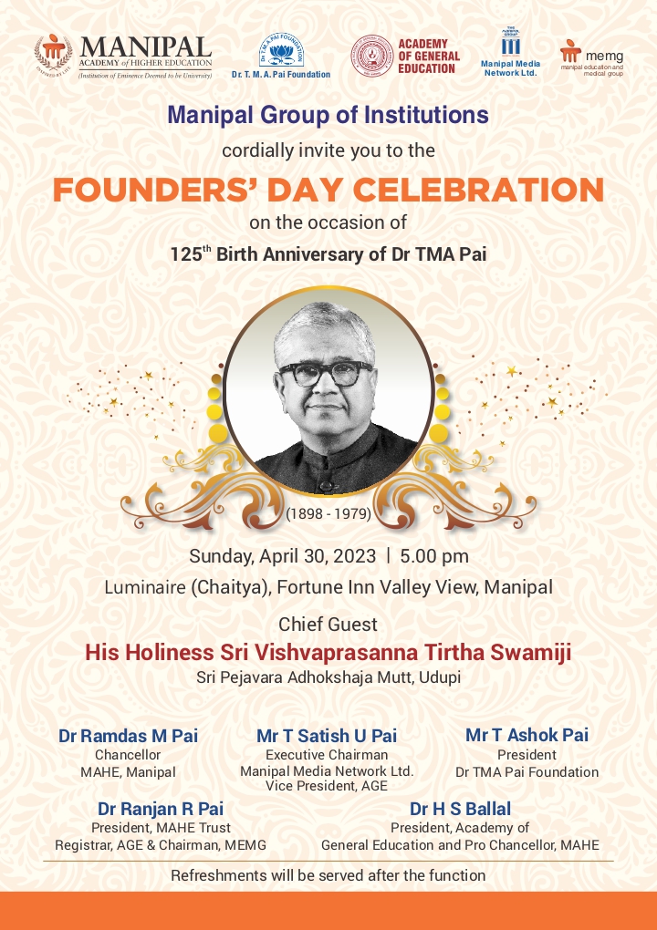 MconManipal's tweet photo. Join us in celebrating the 125th birth anniversary of the Late Dr. TMA Pai, the visionary founder of Manipal, on 30th April 2023. @MconManipal@MAHE_Manipal @jnoronha12 
Live Broadcast Link: https://t.co/gLNp5cndPX
#ManipalFoundersDay #TMAPai #MAHE #Manipal https://t.co/q7x9yhi34P