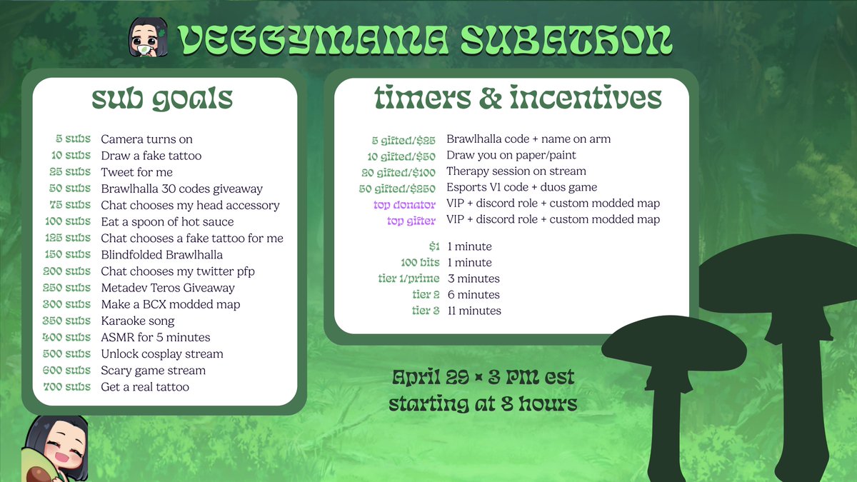 veggymamas's tweet photo. 💚TOMORROW @ 3PM EST 💚

Second subathon ever because why not 🫢this time it won't be a set 24 hour stream and I'm starting at 8 hours (uncapped? who knows)... Come support! https://t.co/UEaRu5GlGk