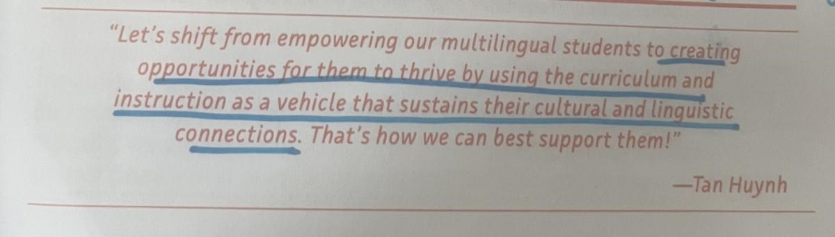 Creating opportunities for our MLs by incorporating cultural and linguistic connections in the curriculum encourages authentic language learning in the content.#EquityInsightsToAction <a href="/AndreaHonigsfel/">Dr. Andrea Honigsfeld</a> <a href="/gcschools/">Greenville County Schools</a>.