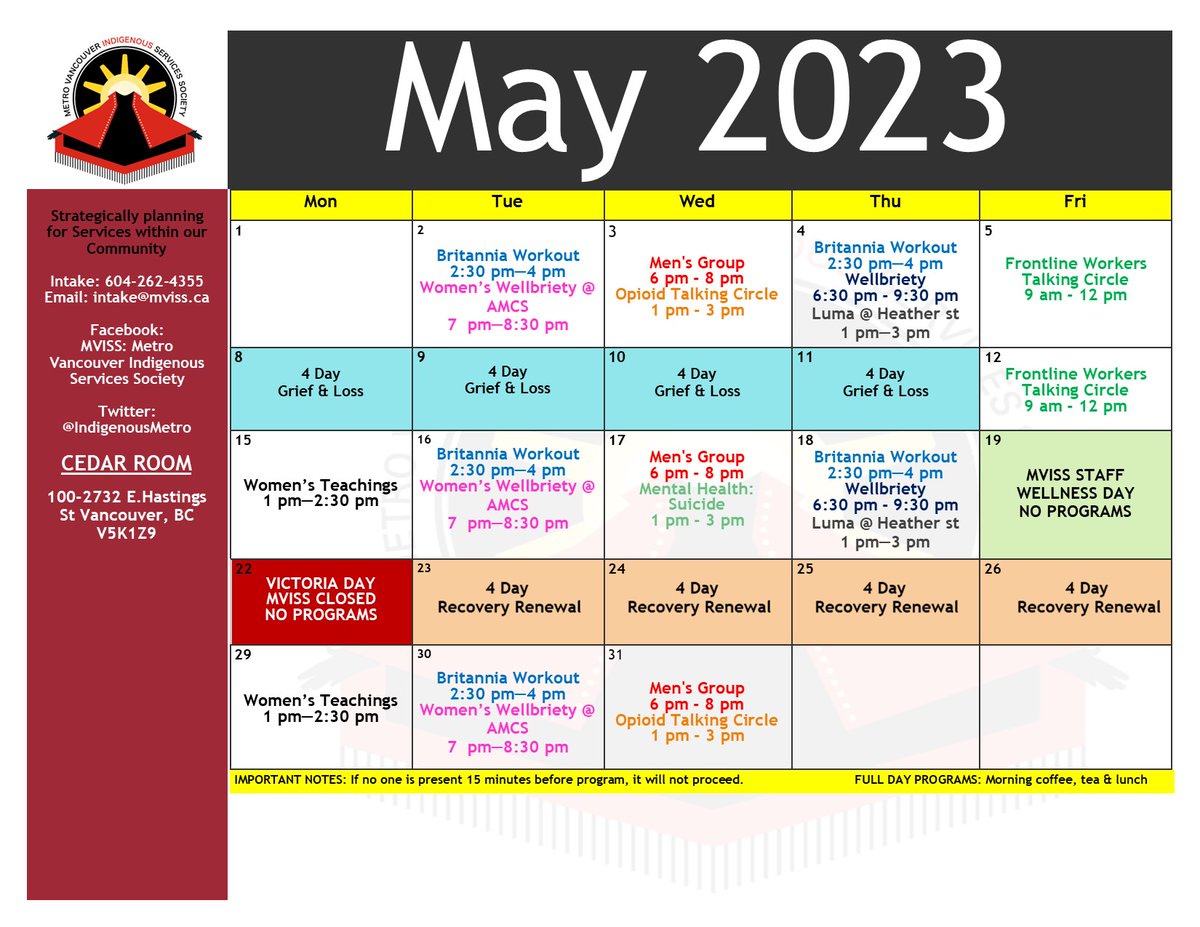 IndigenousMetro's tweet photo. MVISS MAY CALENDAR

SIGN UP FOR 4 DAY GRIEF AND LOSS AND 4 DAY RECOVERY RENEWAL PROGRAMS
PLUS CHECK OUT OUR DROP IN PROGRAMS

WE LOOK FORWARD TO SEEING YOU https://t.co/Vr0fRAZxzC