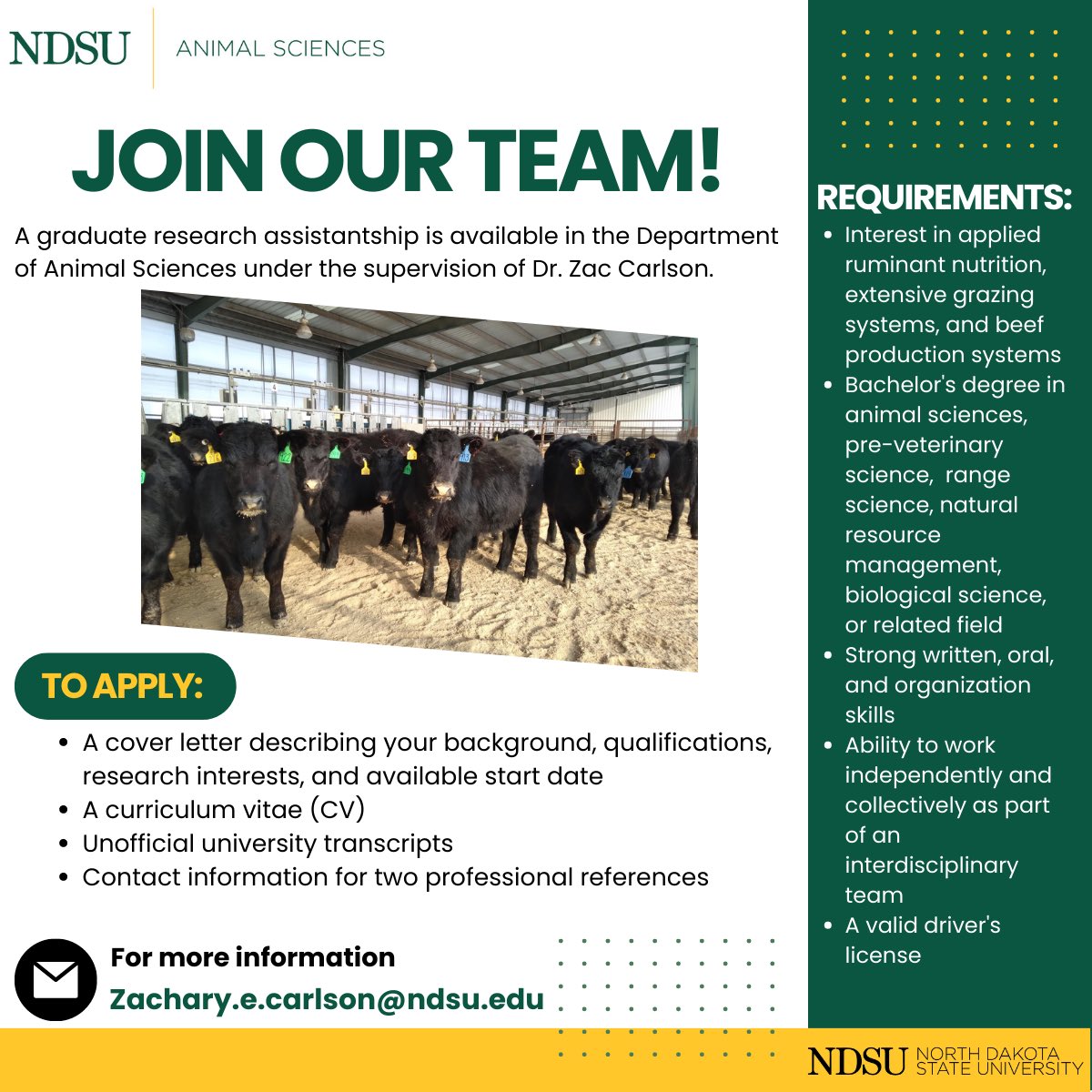 MS position at <a href="/NDSUansc/">NDSU Department of Animal Sciences</a> with myself and <a href="/NDSU_eX_Steward/">Miranda Meehan</a> evaluating impacts of supplementation frequency of stocker cattle in an extensive winter grazing system. This project will measure cattle performance, forage production, soil health, and economics.
