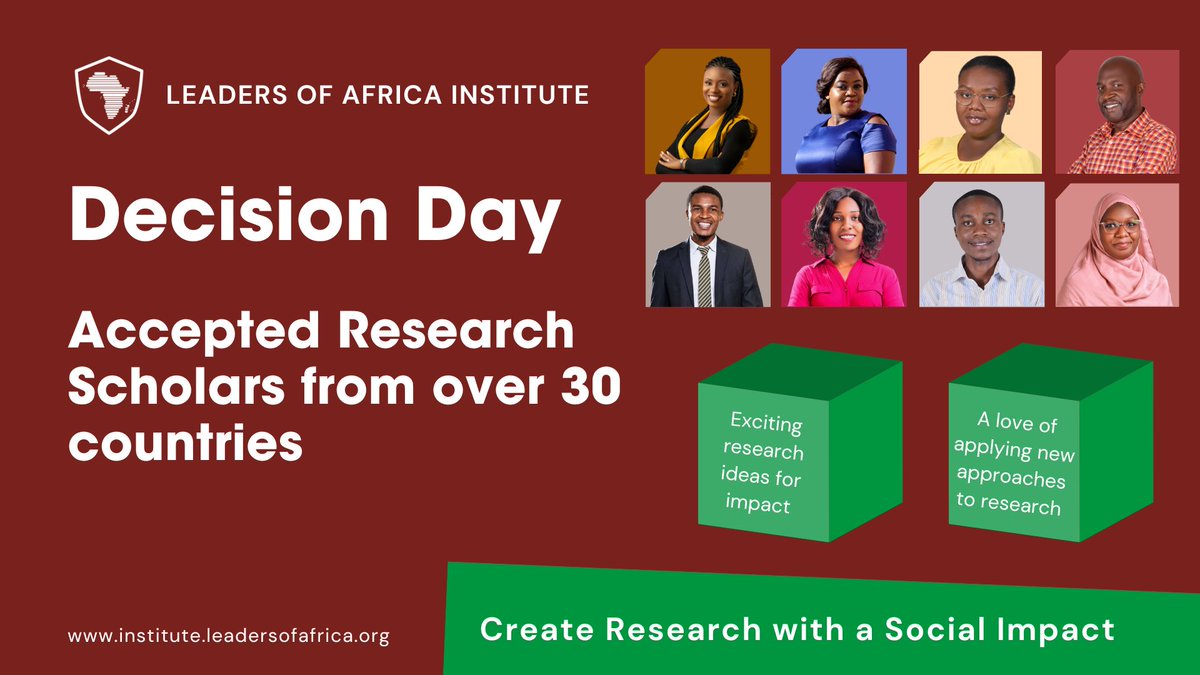 LeadersAfrica's tweet photo. Welcome to Decision Day! Today, the Research Methods Program decisions were shared with our many applicants. The program will be the most diverse ever with Research Scholars joining from over 30 countries with interests ranging from public health to food security - and many more. https://t.co/fvHnep9U2B