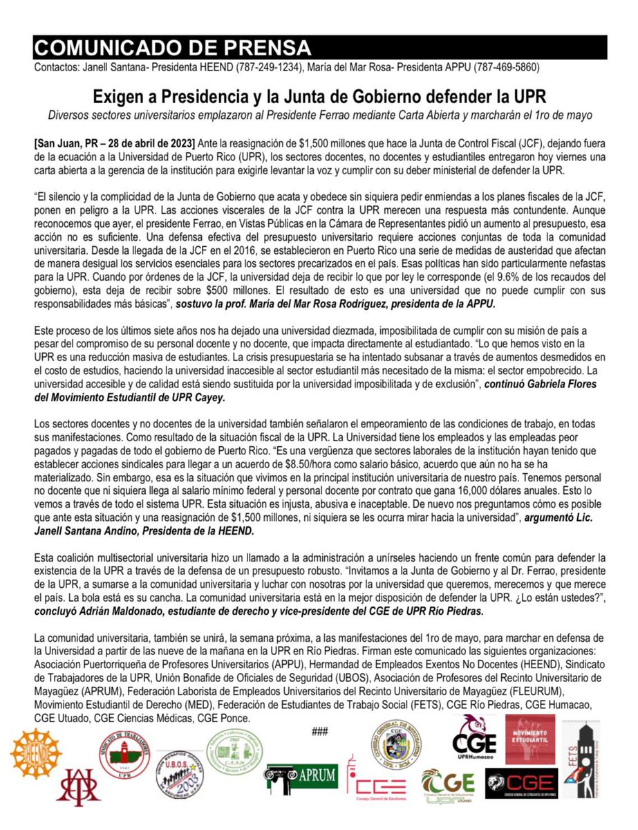 🚨COMUNICADO DE PRENSA🚨 Nos unimos a la convocatoria multisectorial universitaria para marchar el 1ro de mayo hacia la Milla de Oro✊🏾🔥. Exigimos que el presidente y la Junta de Gobierno asuman una postura en defensa de la Universidad y su comunidad.