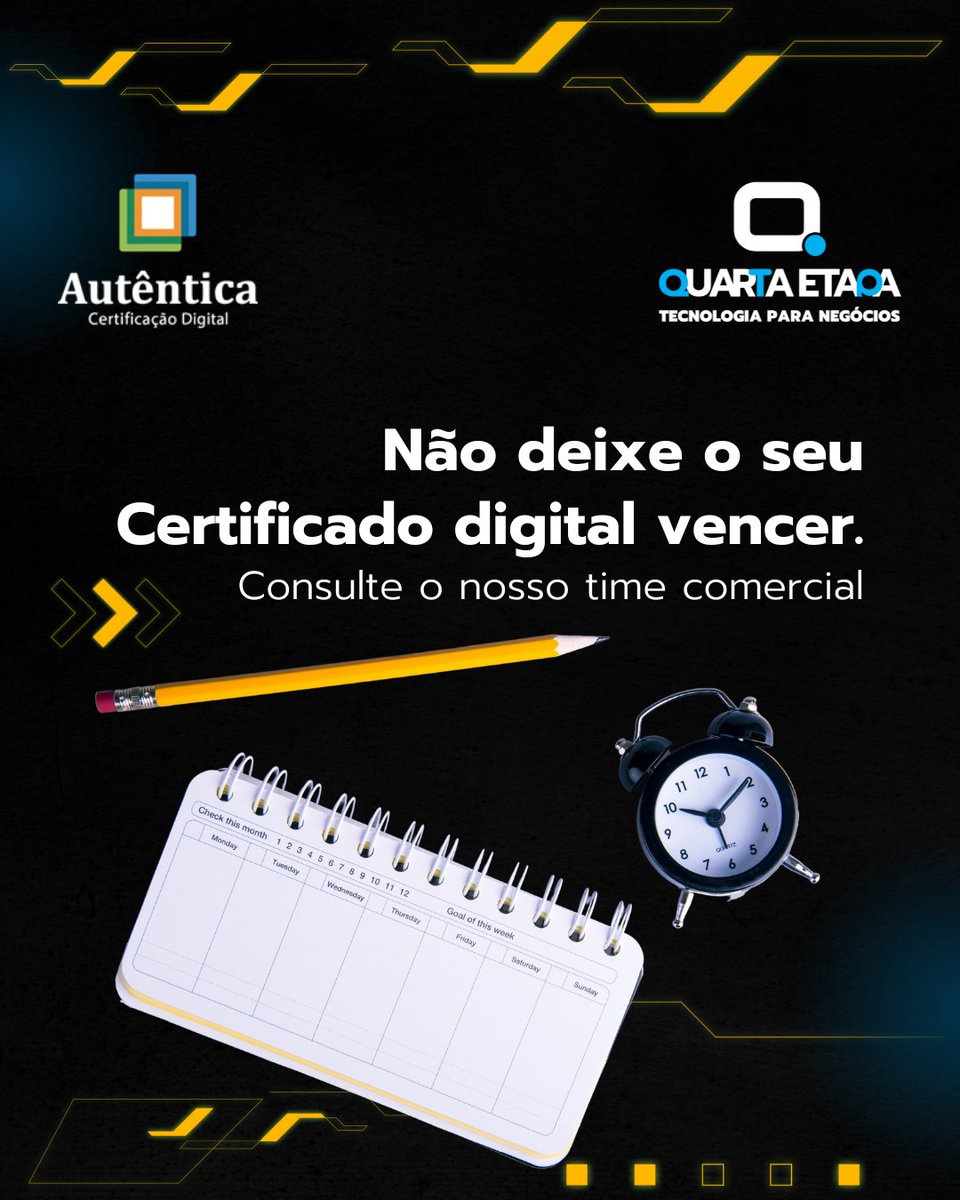 quartaetapa's tweet photo. 📣 Não perca a validade do seu certificado! Entre em contato com nosso time comercial e garanta que está tudo em dia. 📝 Oferecemos suporte e consultoria para manter seus documentos atualizados e em conformidade. 🤝 #certificados #conformidade #negócios 💢 https://t.co/I77JYBqTMS