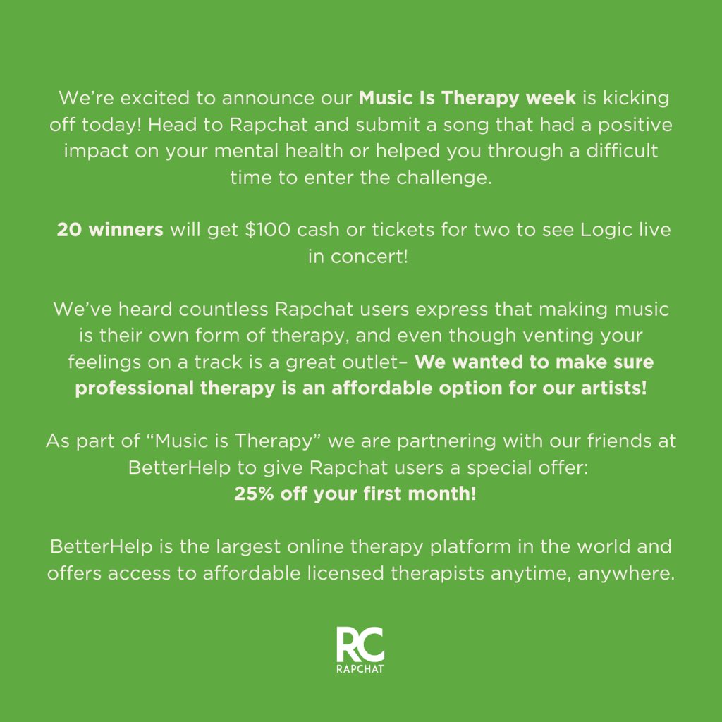 ✨🌱 MUSIC IS THERAPY WEEK 🌱✨

We’ve heard countless Rapchat users express that making music is their own form of therapy, and even though venting your feelings on a track is a great outlet– We wanted to make sure professional therapy is an affordable option for our artists!