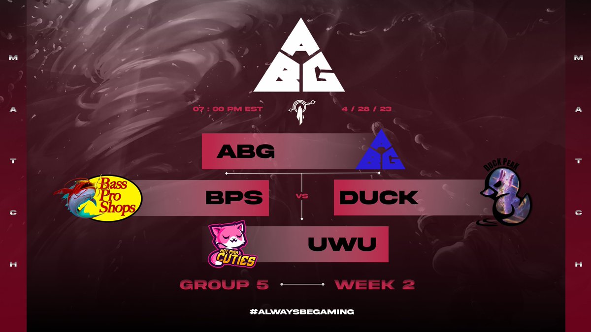 AlwaysBeGaminGG's tweet photo. Today @ 7 PM EST/4 PM PST ABG Targon (1-2) seeks to manifest some glory in Group 5 for the second week of the #GloryinNavori @AegisEsportsLoR League!

#AlwaysBeGaming #ABGWIN #LoR https://t.co/EAllwOO8U6