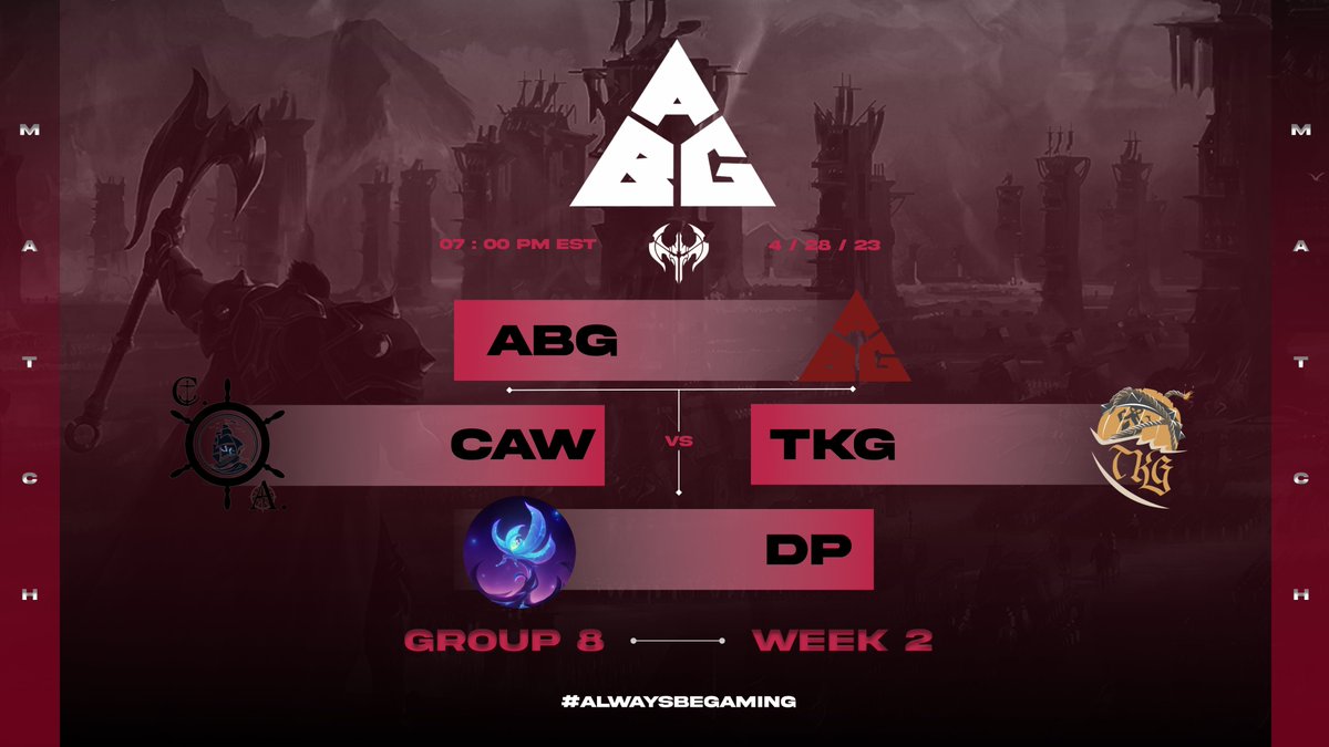 AlwaysBeGaminGG's tweet photo. Today @ 7 PM EST/4 PM PST ABG Noxus (3-0) seeks to dominate and crush Group 8 in the second week of the #GloryinNavori @AegisEsportsLoR League!

#AlwaysBeGaming #ABGWIN #LoR https://t.co/Ebfxmxkwb5