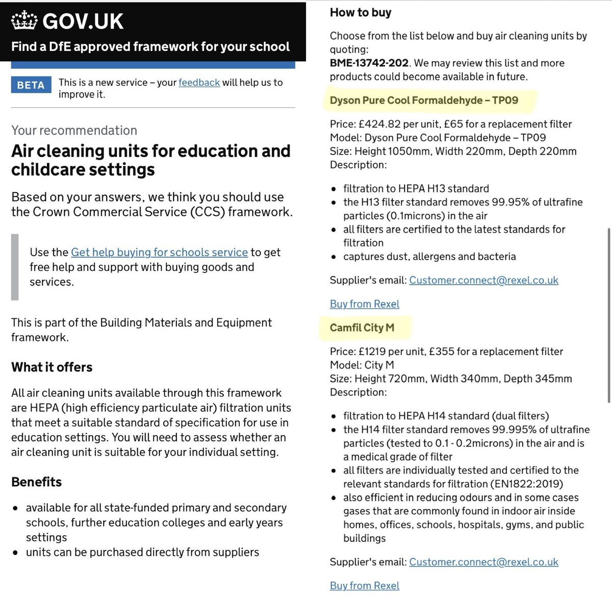 _CatintheHat's tweet image. The DfE has kindly set up an online marketplace where schools can easily purchase air filters at set prices.

Sounds good… but the big problem is that there’s just 2 devices to pick from:
📍Dyson TP09
📍Camfil City M

…and, quite frankly, neither are suitable for classrooms.