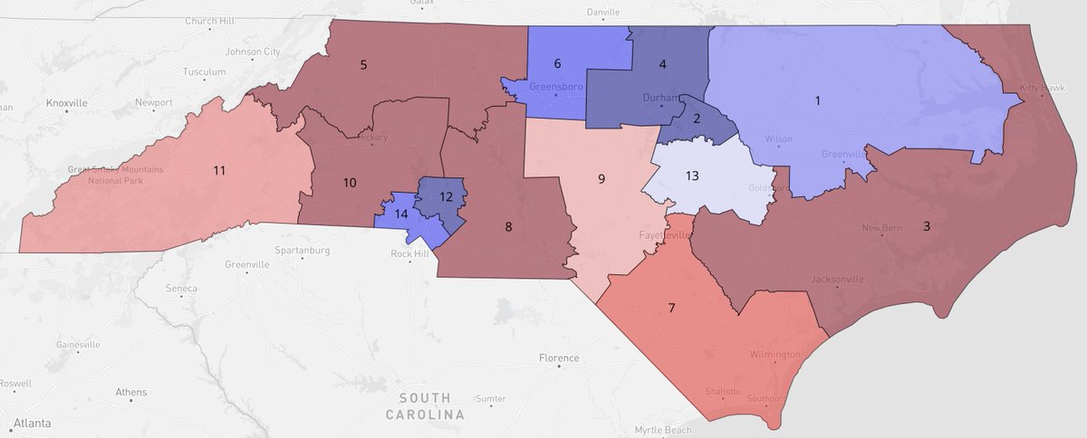 Redistrict's tweet photo. How easy is it for NC Republicans to gerrymander Dems into oblivion? The current court-drawn map (left) split 7D-7R in 2022. I drew a hypothetical 11R-3D map (right) in about seven minutes. https://t.co/n8ayahGaqe