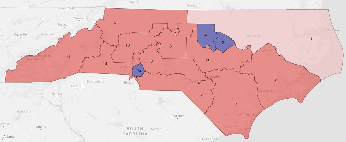 Redistrict's tweet photo. How easy is it for NC Republicans to gerrymander Dems into oblivion? The current court-drawn map (left) split 7D-7R in 2022. I drew a hypothetical 11R-3D map (right) in about seven minutes. https://t.co/n8ayahGaqe