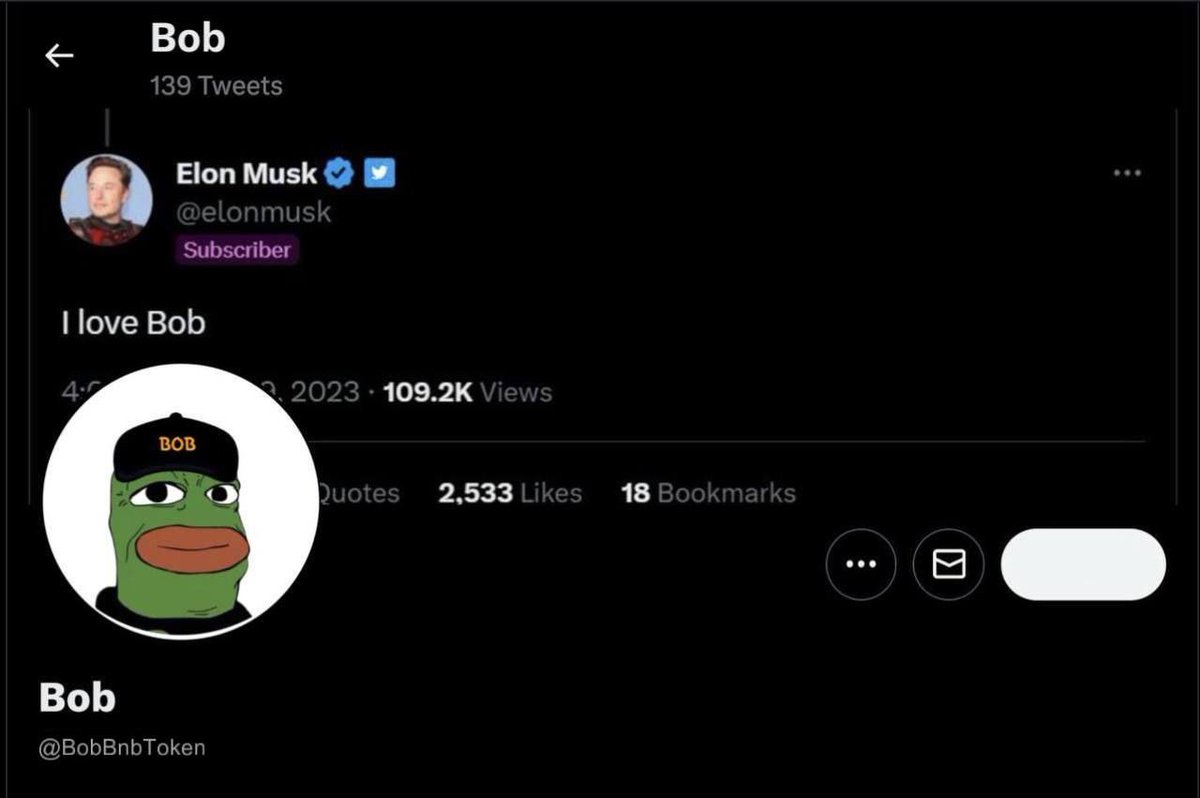 BobBnbToken's tweet photo. Yo Daddyy!

@BobEthToken @elonmusk

#BNB #BNBBOB #BSC $BOB
#memecoins #MEMESEASON https://t.co/SWcakK1kwD