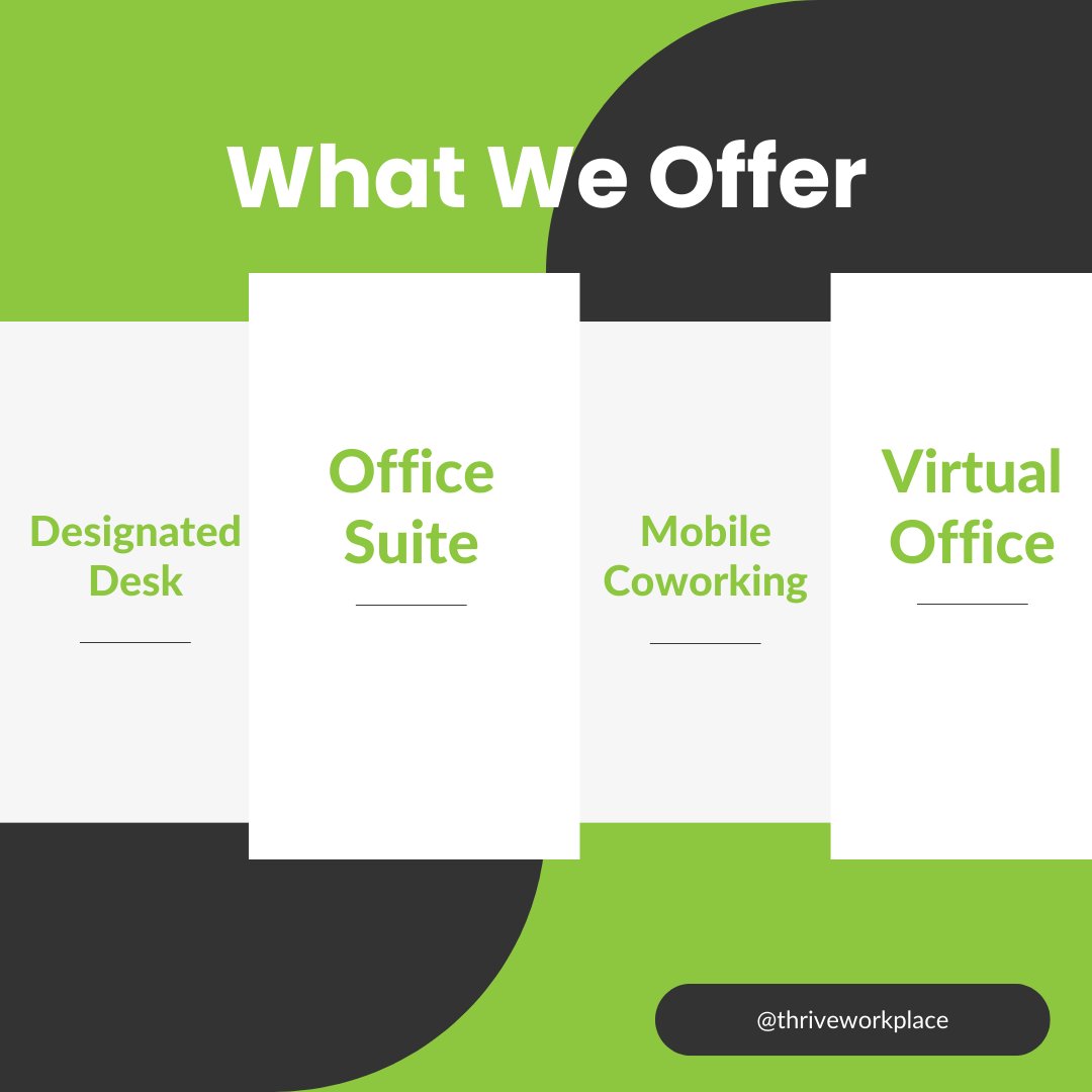 Curious about what we offer? 

Designated Desk

Office Suite

Mobile Coworking

Virtual Office

Want more info or Ready to join us? Visit the link in our bio for more info