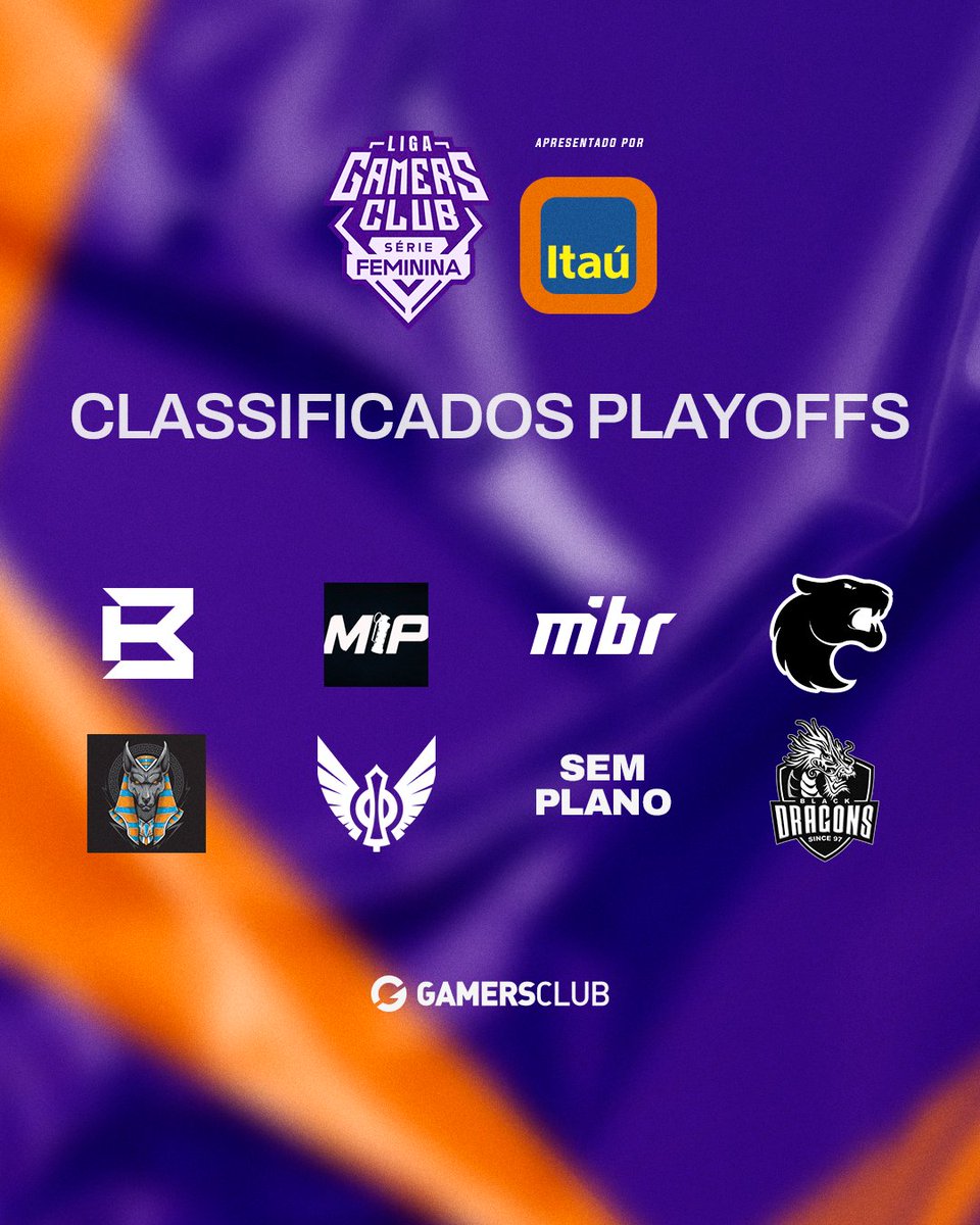 GamersClubCS's tweet photo. Tá na hora de conhecer as equipes que se classifcaram para os playoffs da #LigaFeminina by @itau! 💜

@b4ofc  #Madeinpug  @Furia  #NOORG  @blackdragonsBR  #DIVINAFEM @MIBR #SEMPLANO

Pra quem vai sua torcida? Essa edição tá fazendo história! 🔥 https://t.co/wBBfX74kn8