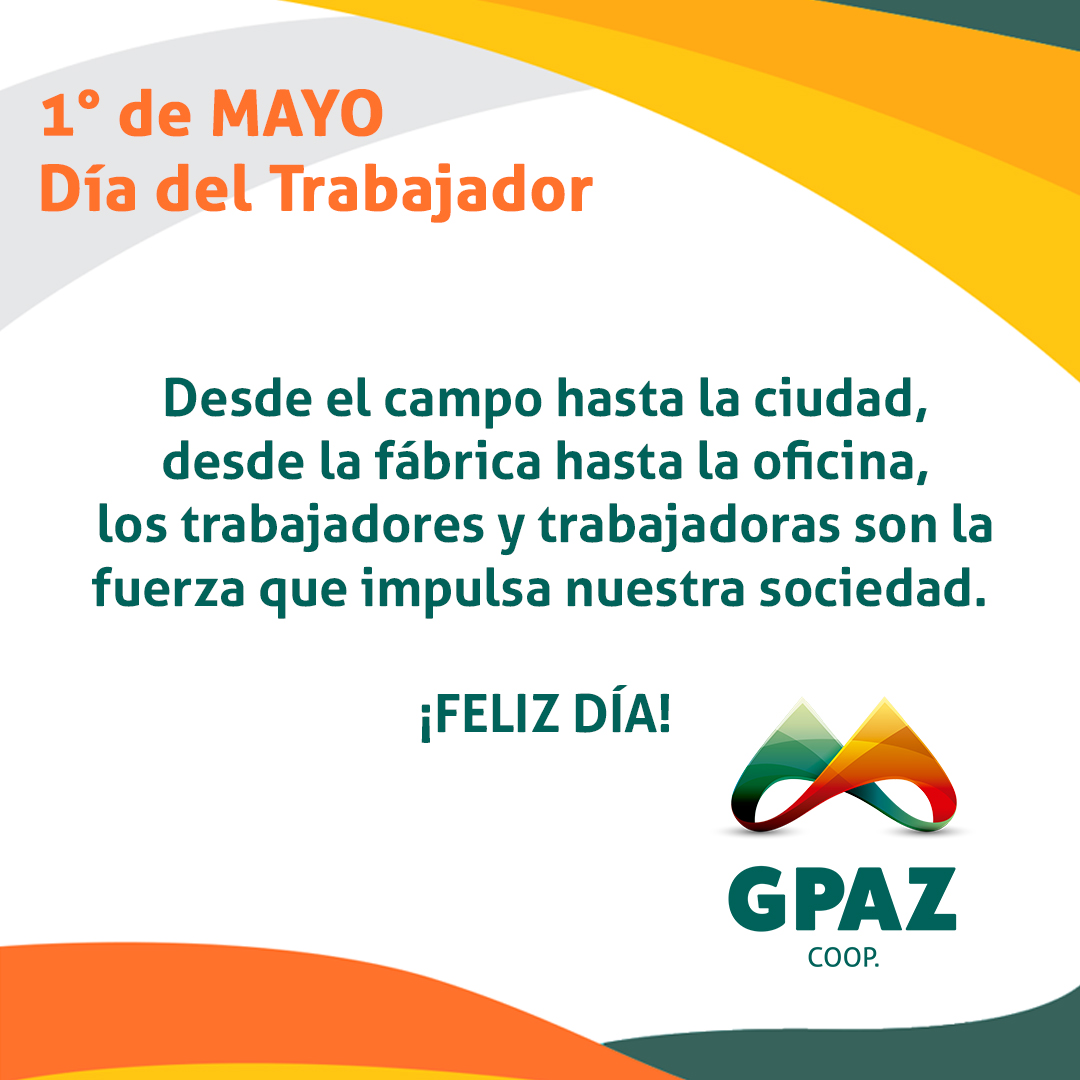GPAZcoop's tweet photo. Un saludo muy especial a todos los integrantes del #EquipoGPAZ
¡Feliz Día Internacional del Trabajo!
#MarcosJuárez #Noetinger #GeneralRocaCBA #Inriville https://t.co/xP9ACgzdeg