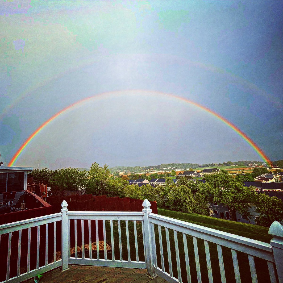 jblansch's tweet photo. Four more followers to 500. I know who i need to call upon! Let’s go! Pic of a double rainbow off my porch the other day for attention 😂 #vevefam #veve #rainbow #porchview https://t.co/bOxK3vUhOK