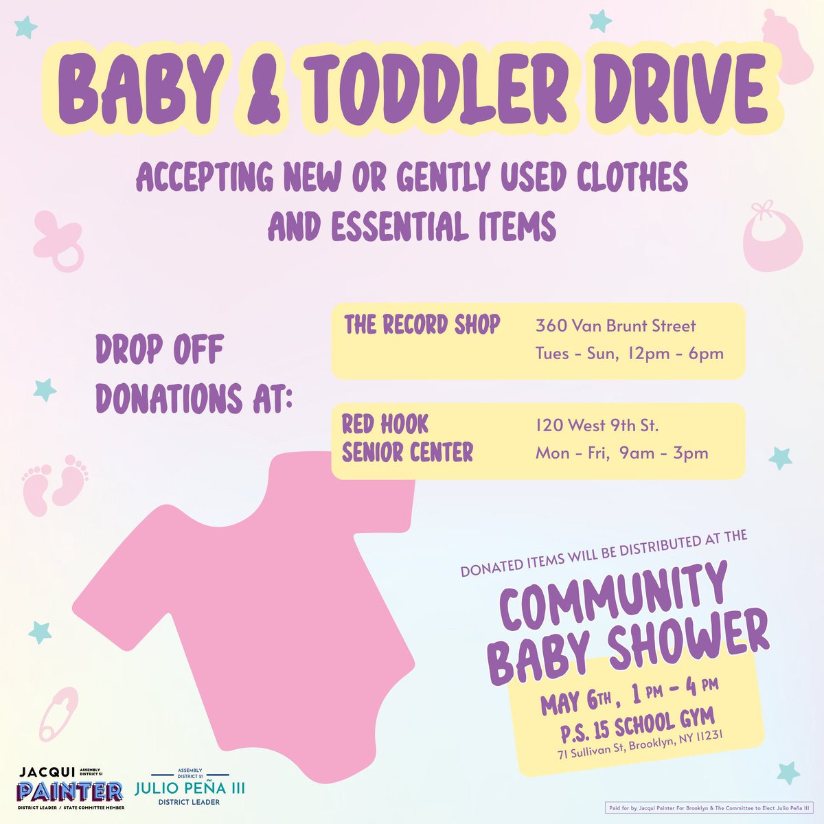 On 5/6 from 1-4 at PS 15, friends of IND <a href="/JacquiPainter/">Jacqui Painter 📢</a> and @Julio_PenaBK are hosting a Red Hook baby shower for new families. New and gently used baby/toddler items will be distributed. To make a donation, please drop off at The Record Shop or Red Hook Senior Center.