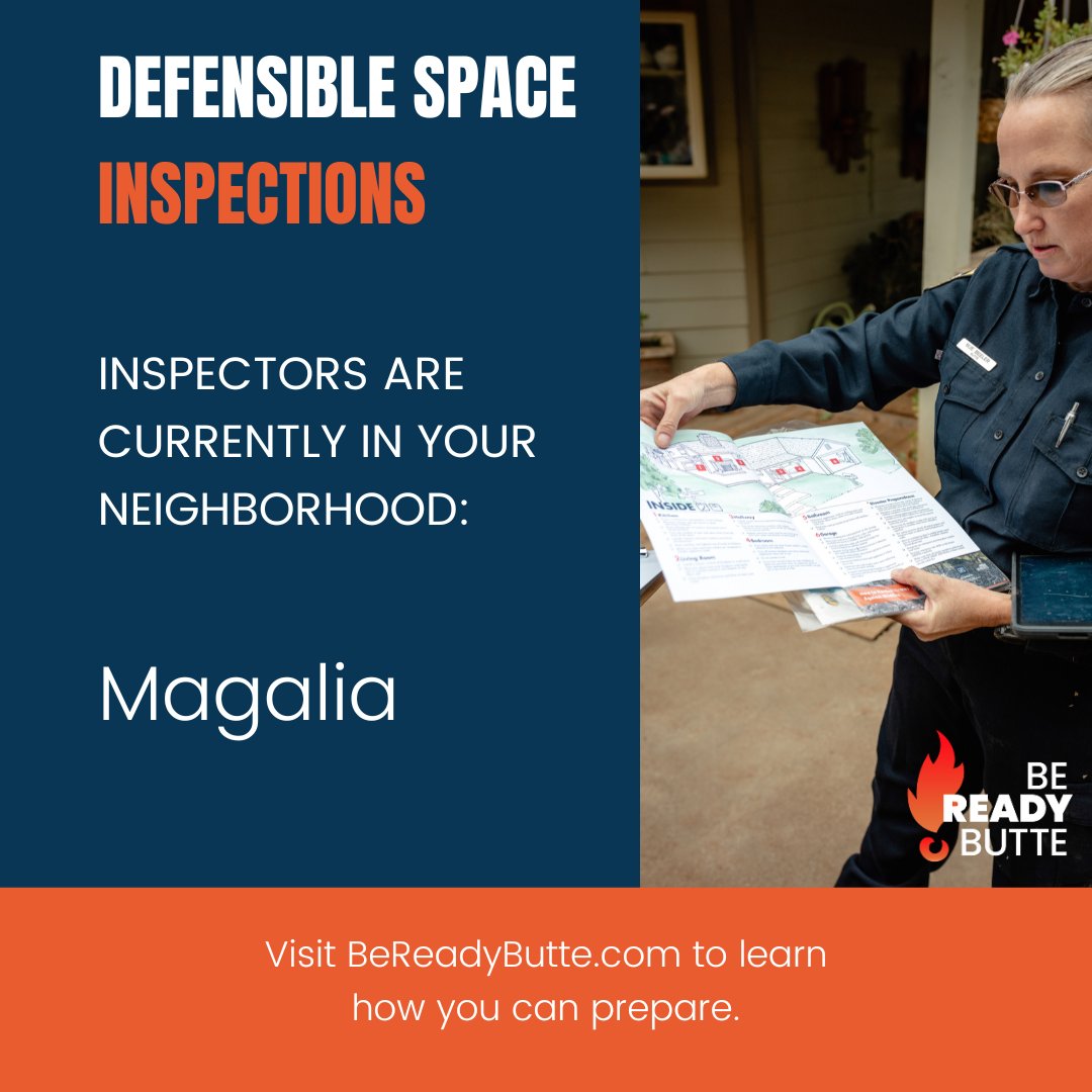 Hey Magalia,

Defensible Space Inspectors from Butte County Fire/CAL FIRE will be in your area over the next few weeks to ensure your property is in compliance.

For more information on defensible space, click here: ow.ly/HAoG50NXYQO

#bereadybutte #defensiblespace