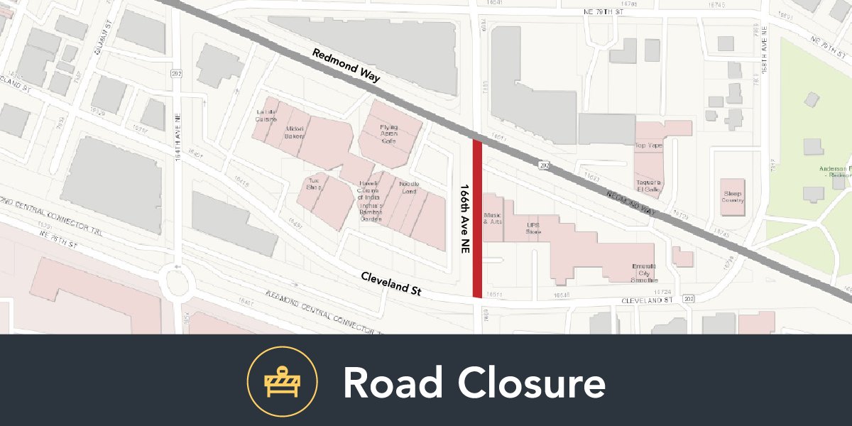 CityOfRedmond's tweet photo. Be aware of road closures in Downtown. Redmond Way will be reduced to one lane in each direction from NE 79th Street to east of 166th Avenue NE from May 1 to 11. 166th Avenue NE will be fully closed 24 hours per day between Redmond Way and Cleveland Street from May 1 to 11. https://t.co/I0kizAt1IA