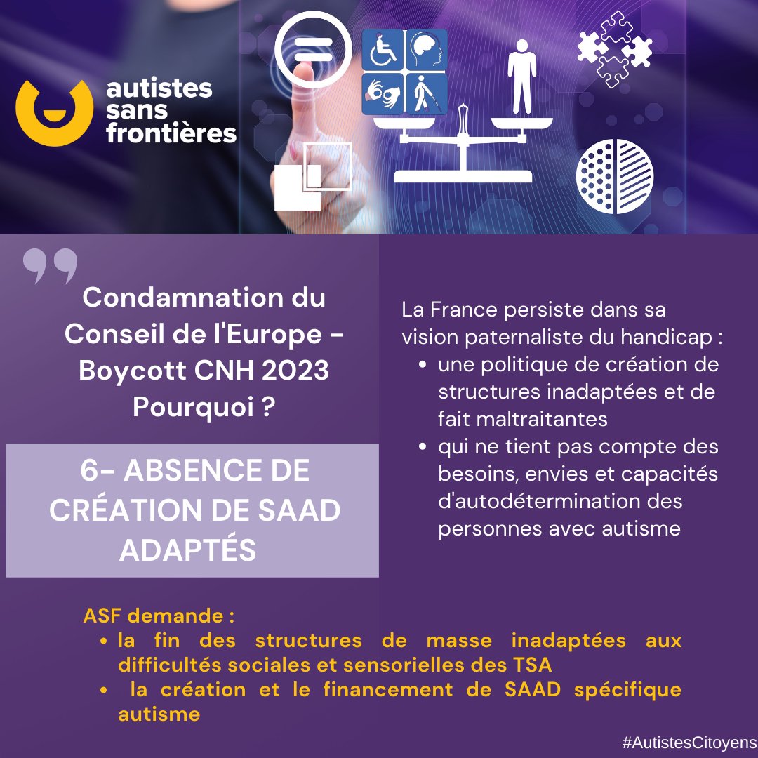 Boycott CNH du 26 avril 2023
7 raisons pour ASF - N°6 Absence de création saad adapté
#AutistesCitoyens #Thinkpositive #collectifhandicaps