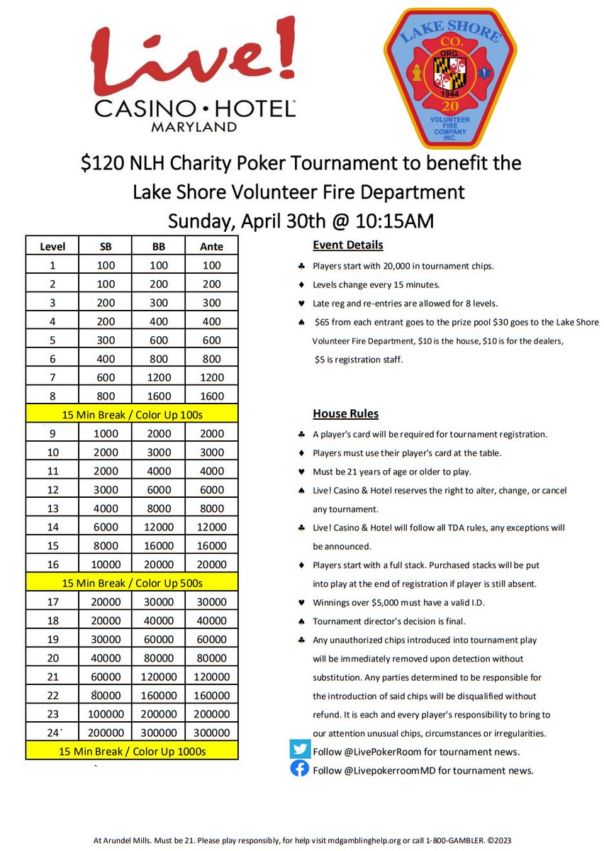 _ChrisMcCall_'s tweet photo. Not a Bounty enthusiast?

Don't worry @LivePokerRoom has got you covered this Sunday 4/30 w/ two great events!

First up @ 10:15a our $120 Charity Tourny to benefit @lakeshorefire20!

Then @ 5:15p the fan fav #TagTeamSwitch event $200 each player, switches are random every level! https://t.co/a2pZ29MAfR