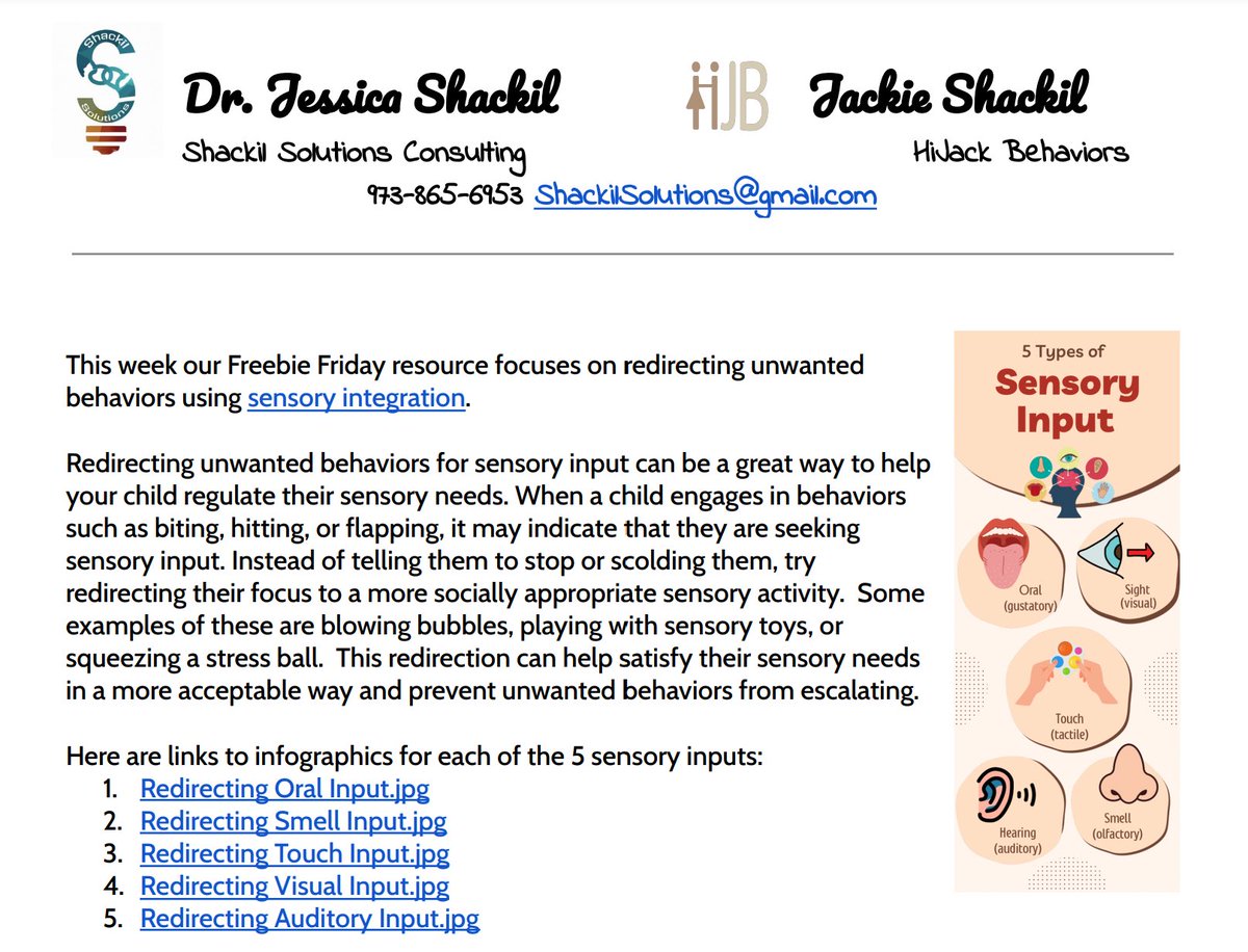 JShackil's tweet photo. Freebie Friday!! 

This week our resource focuses redirecting unwanted behaviors with sensory input. 

Click the link below and complete the form to get an email with these resources. 

https://t.co/eNPph2PJXZ

#ShackilSolutions
#HiJackBehaviors https://t.co/QgnJICDaW7