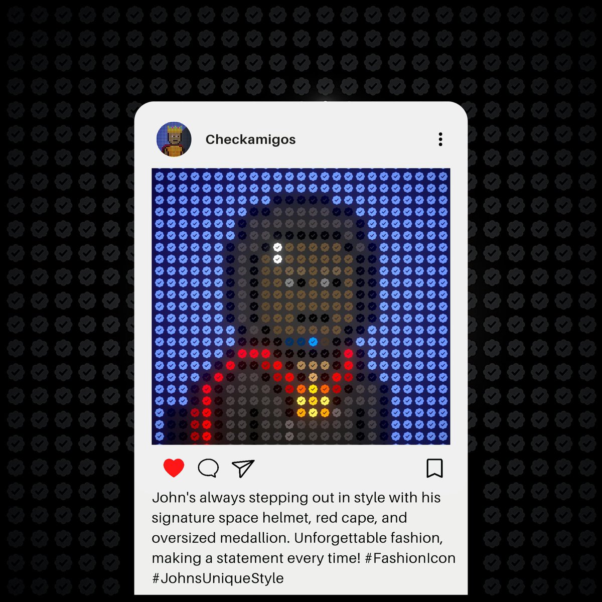 CheckAmigosNFT's tweet photo. John is doing it again! Space helmet and medaillon on point! Wow!
#checkamigos #redcape #spacehelmet https://t.co/QvL47DHuhR