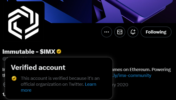 Immutable's tweet photo. The Immutable gold checkmark is now live and should be used to validate that the account you are interacting with the real Immutable account. https://t.co/G3TJya5nXZ