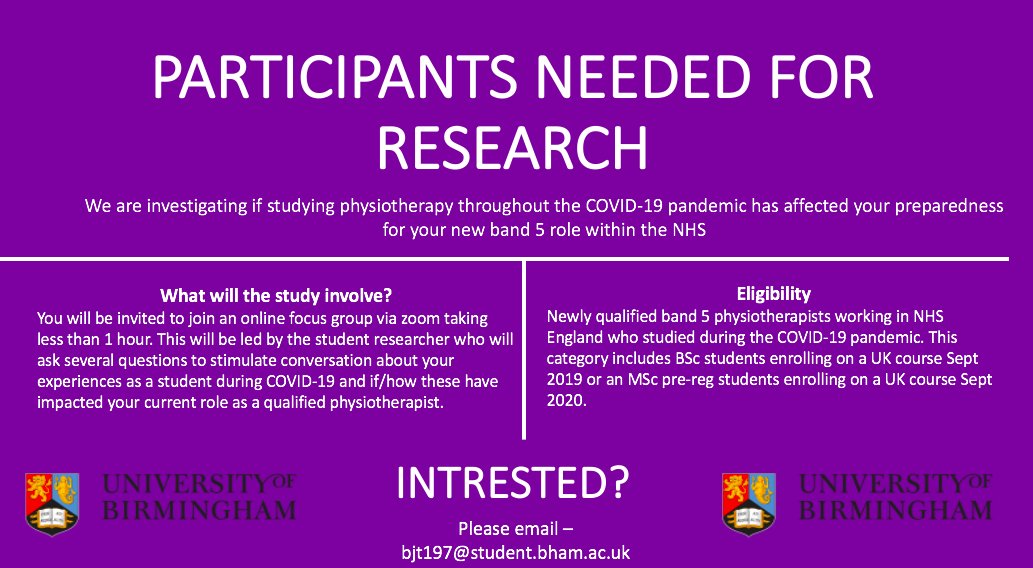 Ane new qualified physios studying through COVID? Can you support our MSc student dissertation with her focus group? <a href="/thecsp/">Chartered Society of Physiotherapy (CSP)</a> <a href="/thecspstudents/">CSP Students</a> <a href="/UoB_PhysioSoc/">University of Birmingham PhysioSoc</a> <a href="/LMcBPhysio/">Dr Lesley McBride</a> <a href="/paulshawcrossPT/">Paul Shawcross</a>