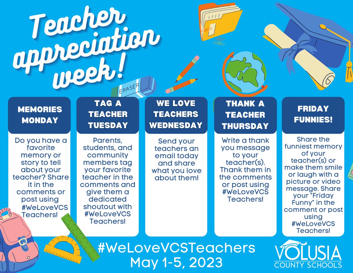 Next week is Teacher Appreciation Week! Please join us as we celebrate our Volusia County School Teachers all week long!
#TeacherAppreciationWeek #WeLoveVCSTeachers
