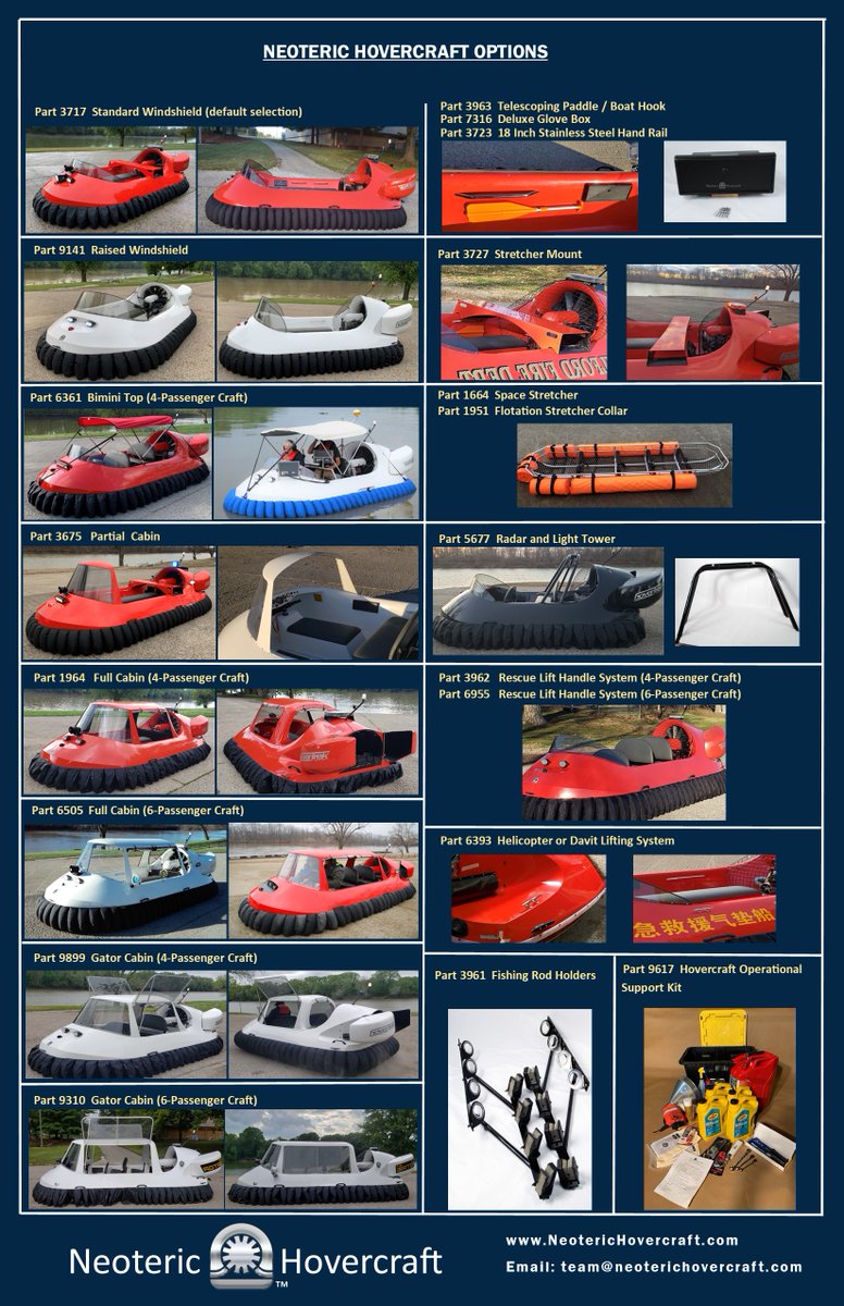 NeoHovercraft's tweet photo. Neoteric Hovercraft is specialized in light hovercraft with 4-passenger and 6-passenger craft. Here are some popular options to help make the hovercraft fit all of your needs! https://t.co/G09AleTCSx