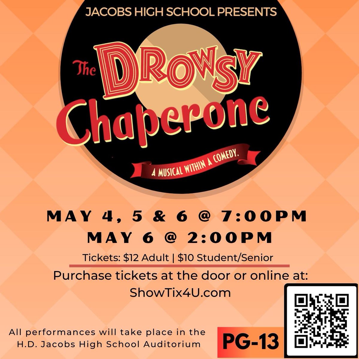 Jacobs High School is proud to present this year's musical production, "The Drowsy Chaperone"!

Join us May 4th, 5th, or 6th in the Jacobs High School auditorium for a night of non-stop laughter and entertainment.

Tickets are available now online or at the door!
