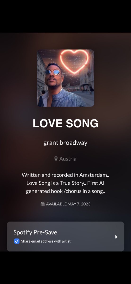 agebroadway's tweet photo. May 7th,2023. The first Artificial Intelligence created hook /chorus in a released song! #LoveSong verses written and arranged by me! Track produced and created by my #Dutch team #BlackDeuces tell a friend to tell a friend.. https://t.co/NGdxrxeh5W