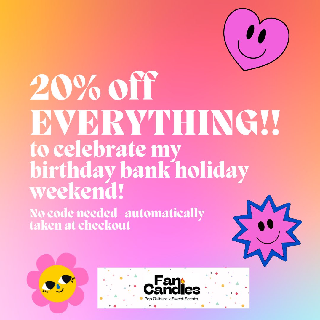 FanCandlesUK's tweet photo. Hello! It’s been a while since a cheeky sale so to celebrate my birthday on Monday why not take a huge 20% off ANYTHING and EVERYTHING 🤯🤯
🛍️: https://t.co/MFV1fJb1kb https://t.co/WF5f8lJBmC