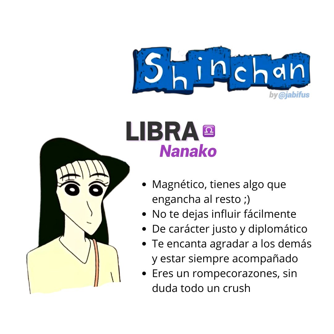 jabifus's tweet photo. Qué personaje de Sin Chan eres según tu signo✨
Parte 2/3 https://t.co/oDyBsNsK9D
