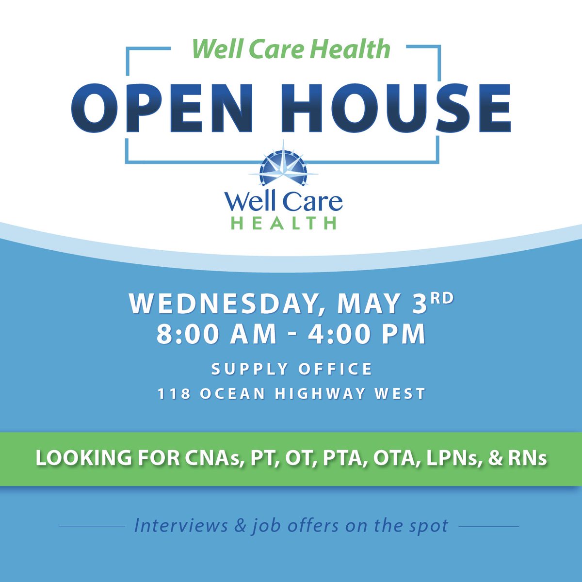 WellCareHealth's tweet photo. Stop by our Supply office next Wednesday to meet our team and learn more about open positions. 

Can't make the open house? Contact one of our recruiters today:
☎️ 888-815-5310
➡️ https://t.co/WLi5EbApof
📧 careersgroup@wellcarehealth.com https://t.co/YcETDxoAIZ