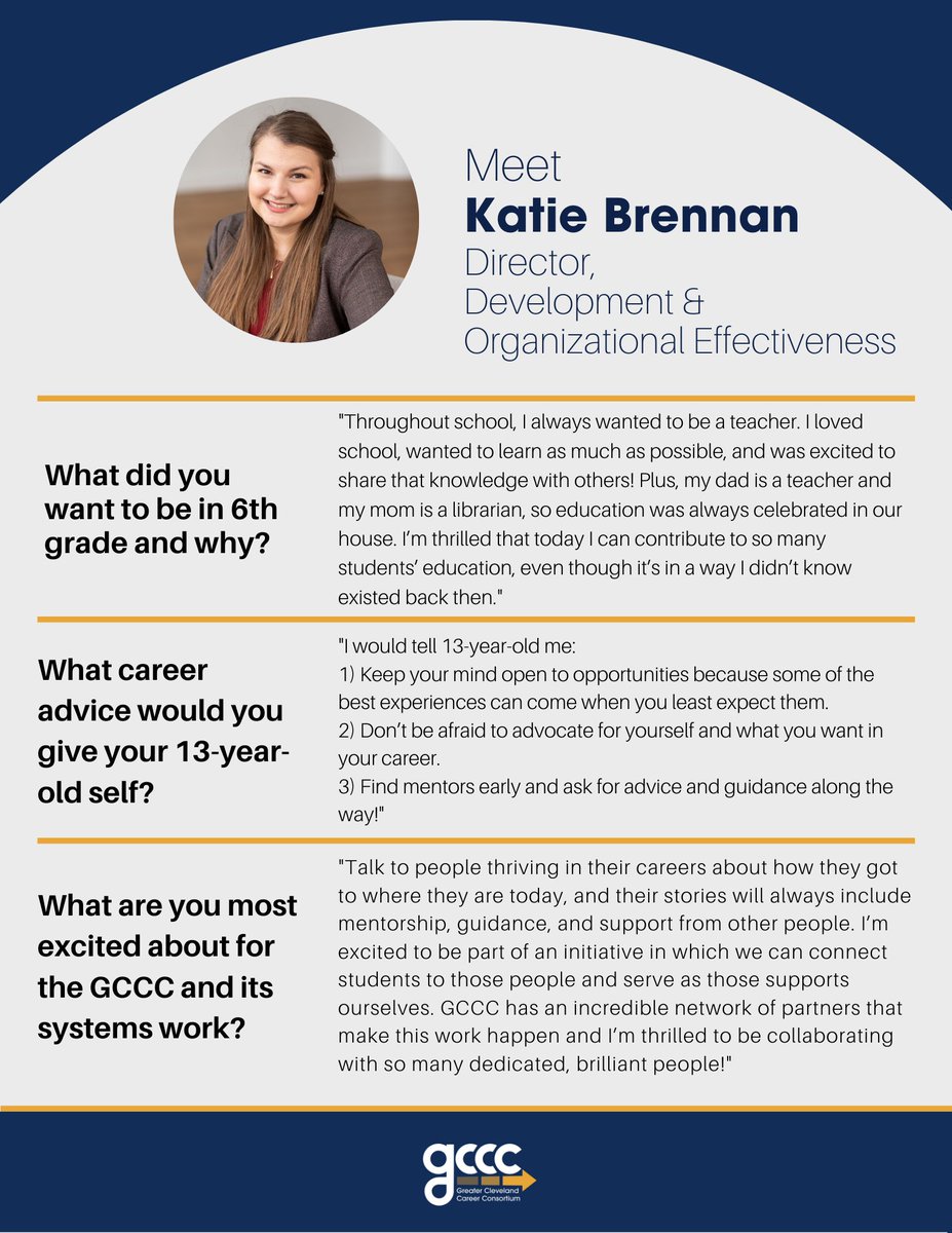 It's time to meet Katie Brennan, #GCCC Director of Development &amp; Organizational Effectiveness. Katie looks forward to connecting students to mentors and collaborating with an incredible #network of brilliant 🤩 partners. Visit greaterclecc.org to get involved.