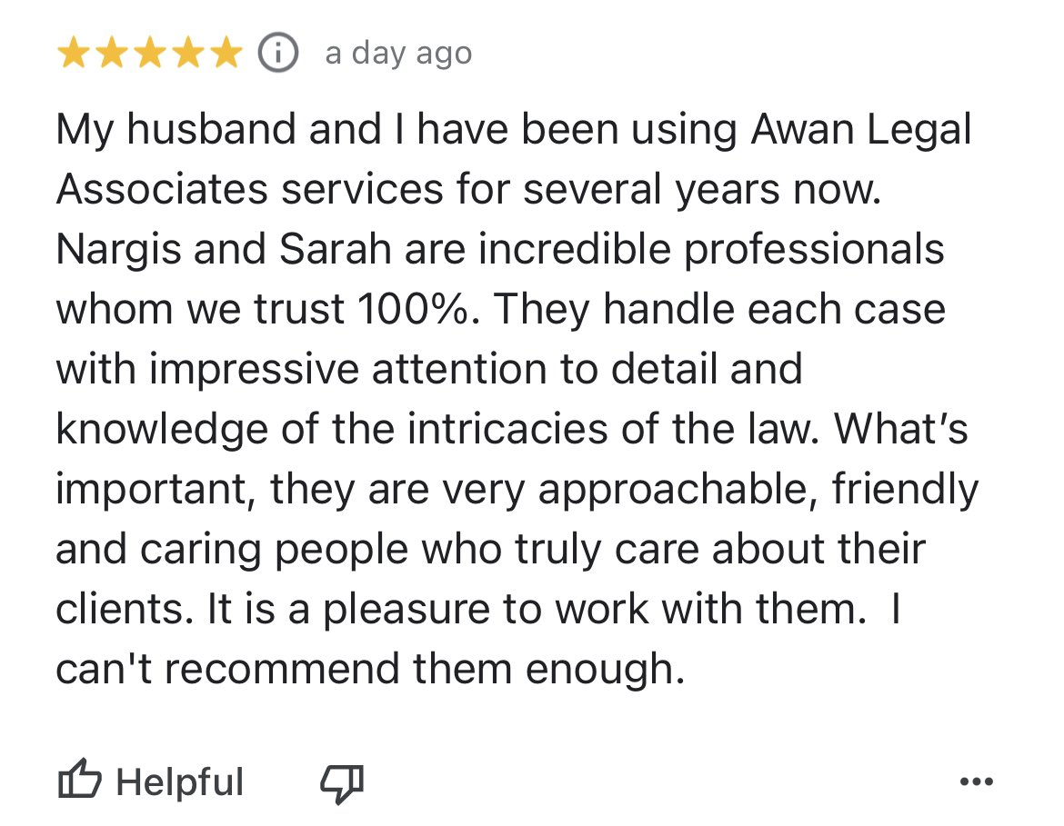 AwanLegal's tweet photo. Another lovely review! The timing is coupled with two more visas granted yesterday and today; one for an indefinite spouse visa and one for a spouse extension. #immigration https://t.co/OuXd1U5KpG