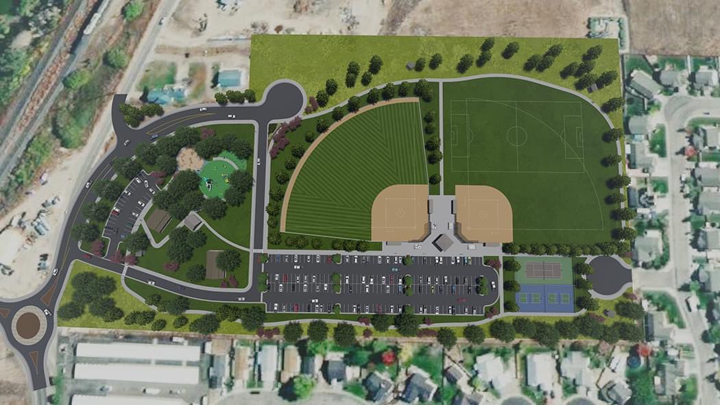 J-U-B Engineers, Inc. plan for 17-acre Helen Zamzow Park in Kuna Idaho- a blend of both active and passive recreational amenities including softball fields, tennis and pickleball courts, picnic pavilions, trails, a terraced playground. #WLAM23 #imasla