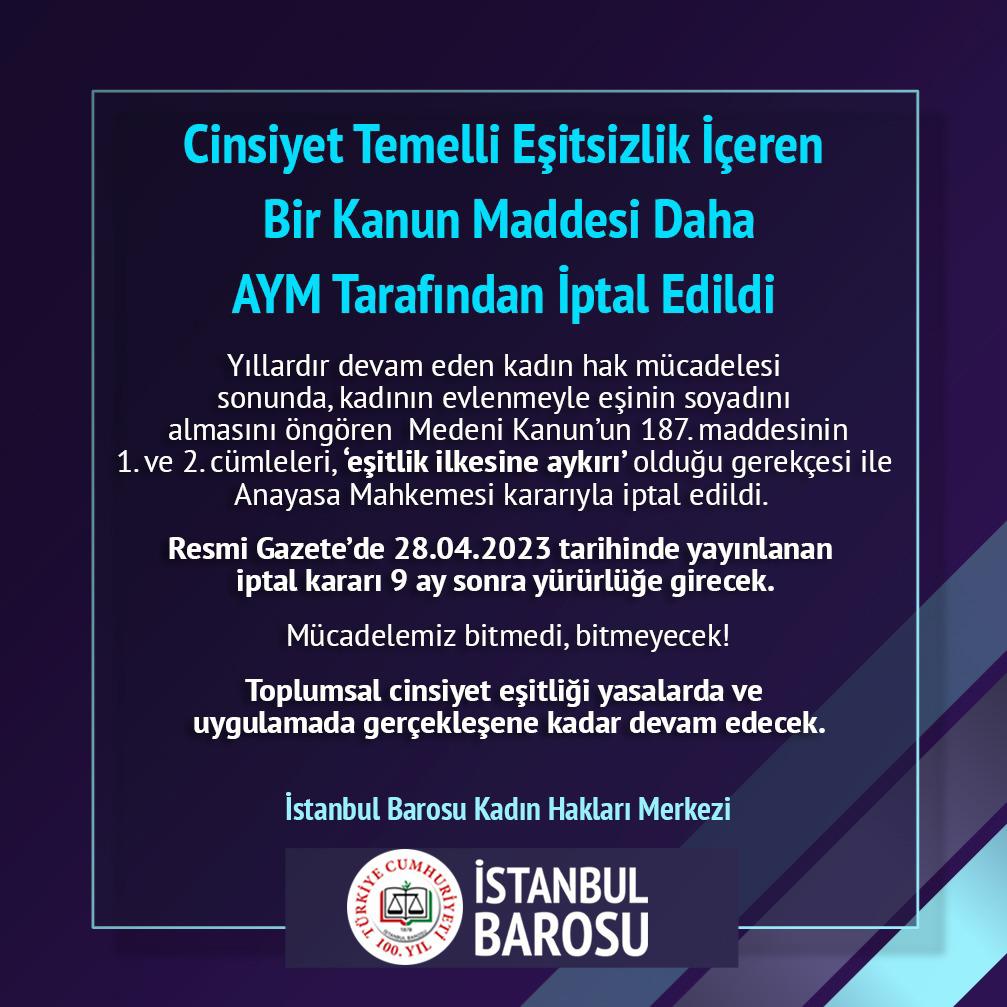 Cinsiyet Temelli Eşitsizlik İçeren Bir Kanun Maddesi Daha AYM Tarafından İptal Edildi
Mücadelemiz bitmedi; bitmeyecek!
Toplumsal #cinsiyeteşitliği yasalarda ve uygulamada gerçekleşene kadar devam edecek.
#İstanbulBarosu #KadınHaklarıMerkezi
istanbulbarosu.org.tr/HaberDetay.asp…