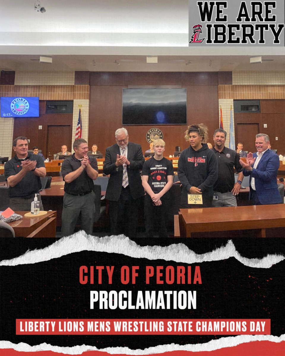 Thank you @Cityofpeoria Mayor Jason Beck for the City of Peoria Proclamation declaring April 25th 'Peoria Liberty Lions Men's Wrestling State Champions Day' in honor of @anthony_ruiz_22 and Ben Krawczenko.  #WeAreLIBERTY @Peoriaunified11