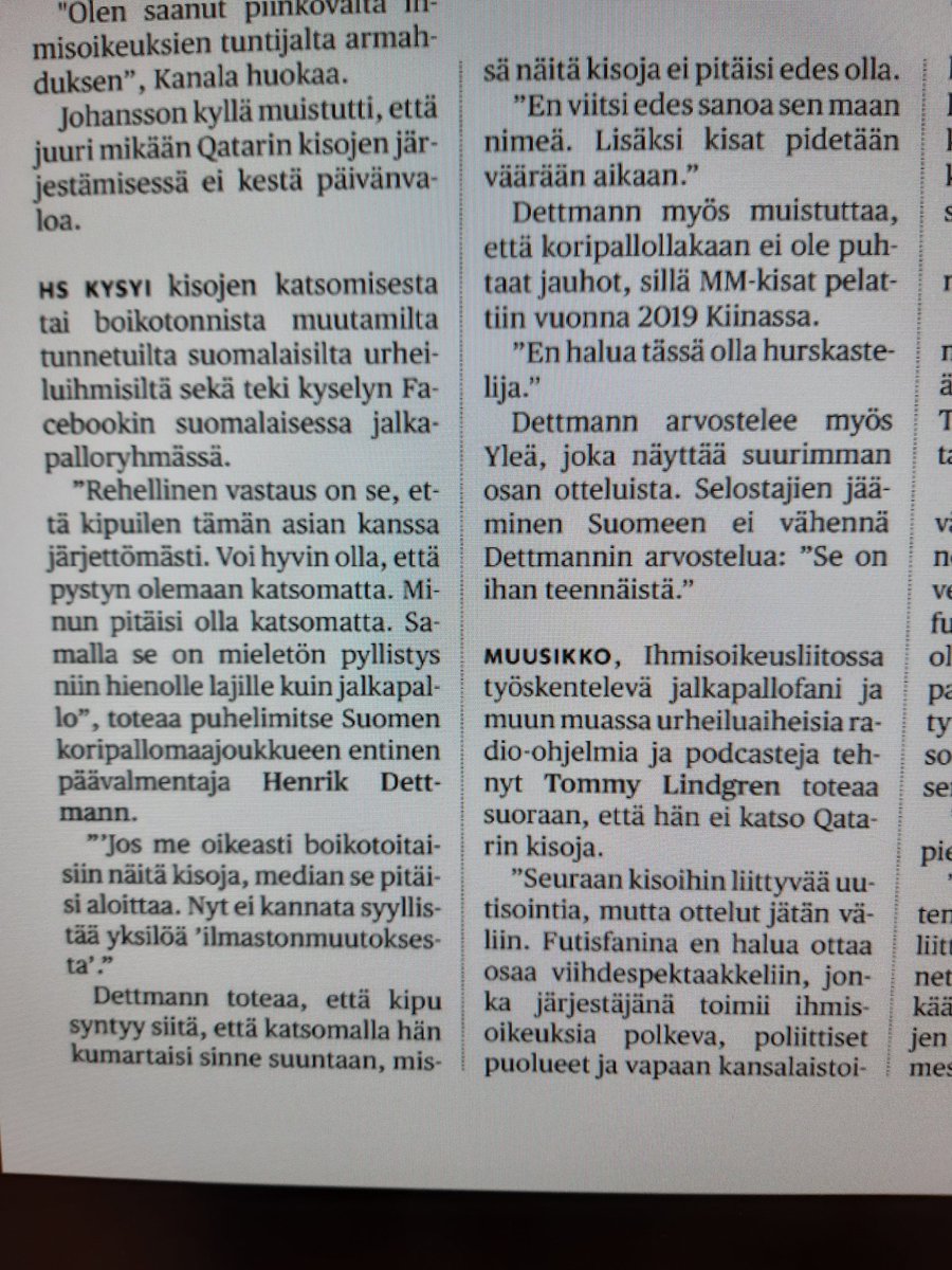 KanervaJP's tweet photo. Koripalloliiton valmennuksen johtaja Henrik Dettmann arvosteli Qataria voimallisesti HS:ssä (20.11.2022) futiksen MM-kisojen yhteydessä. Ottanee yhtä ryhdikkään asenteen koripallon MM-kisoihin. #FIBA #Qatar #HumanRights https://t.co/CR9JsPCaz4
