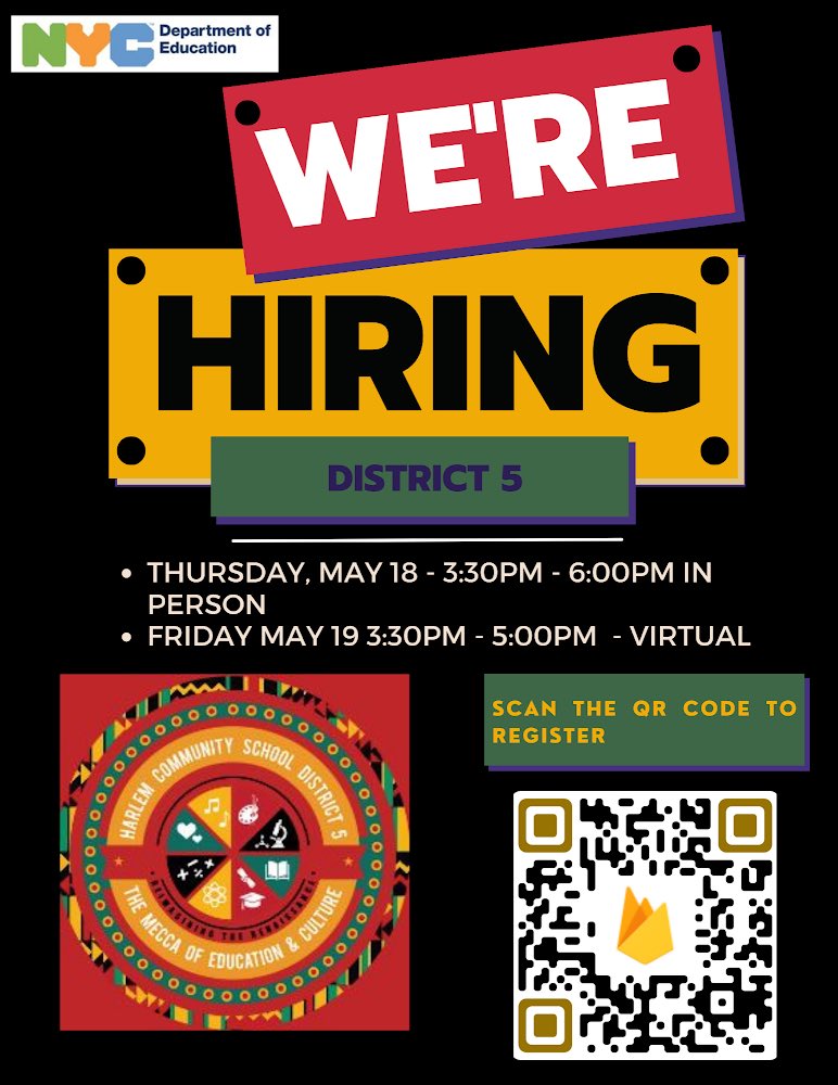 We are looking for brilliant school staff and administrators to join us in building the MECCA. We are hosting a 2-day Hiring Fair on Thursday, May 18 (in-person), & Friday, May 19 (virtual). Follow the link in the QR code below to sign up and be a part of the Harlem Renaissance